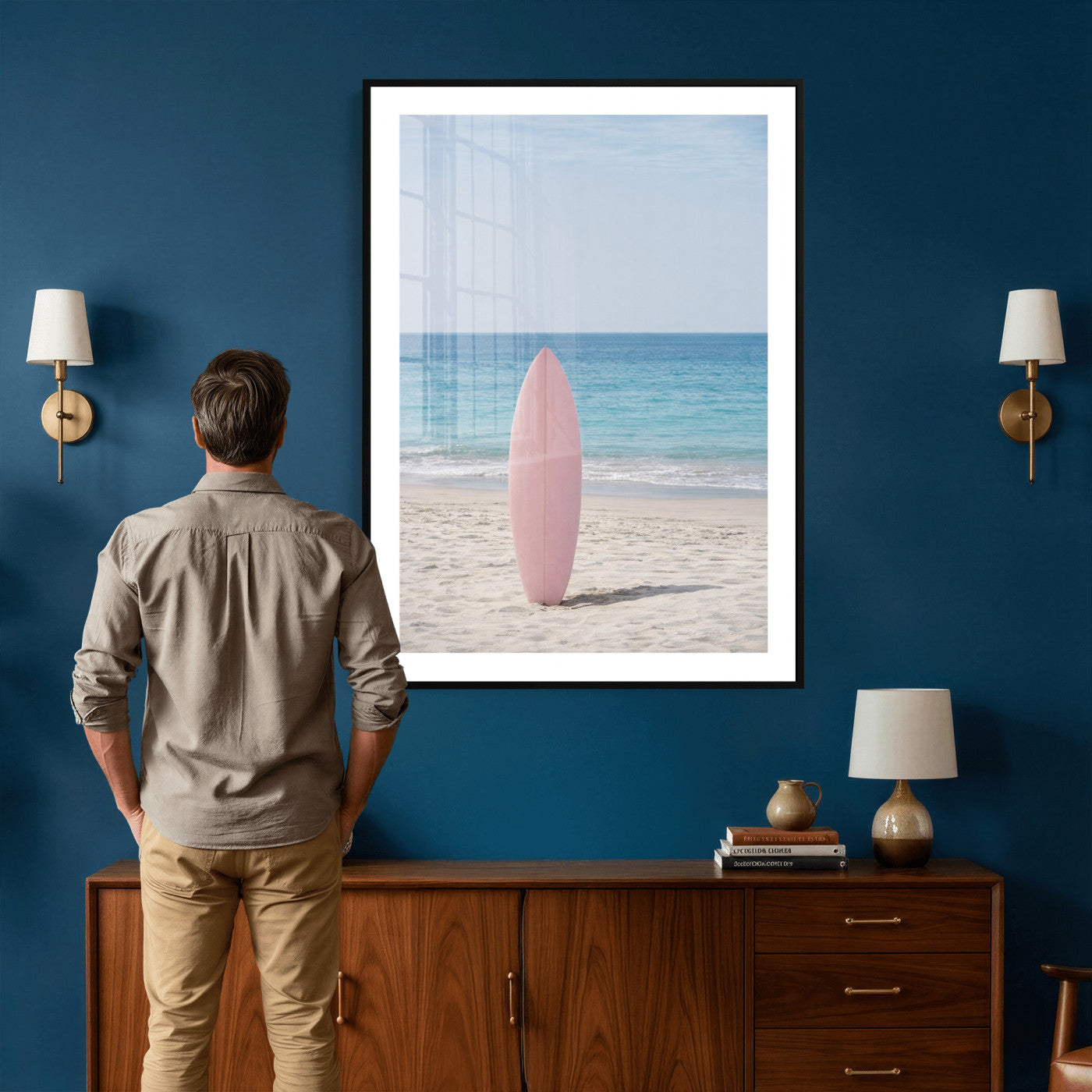 17265103-MGV-CV-24X36 - Pink Surfboard Canvas Wall Art, Minimalist Beach Photography Print, Pastel Ocean Coastal Decor, Girl Beach Room Art, Aesthetic Summer Wall Print