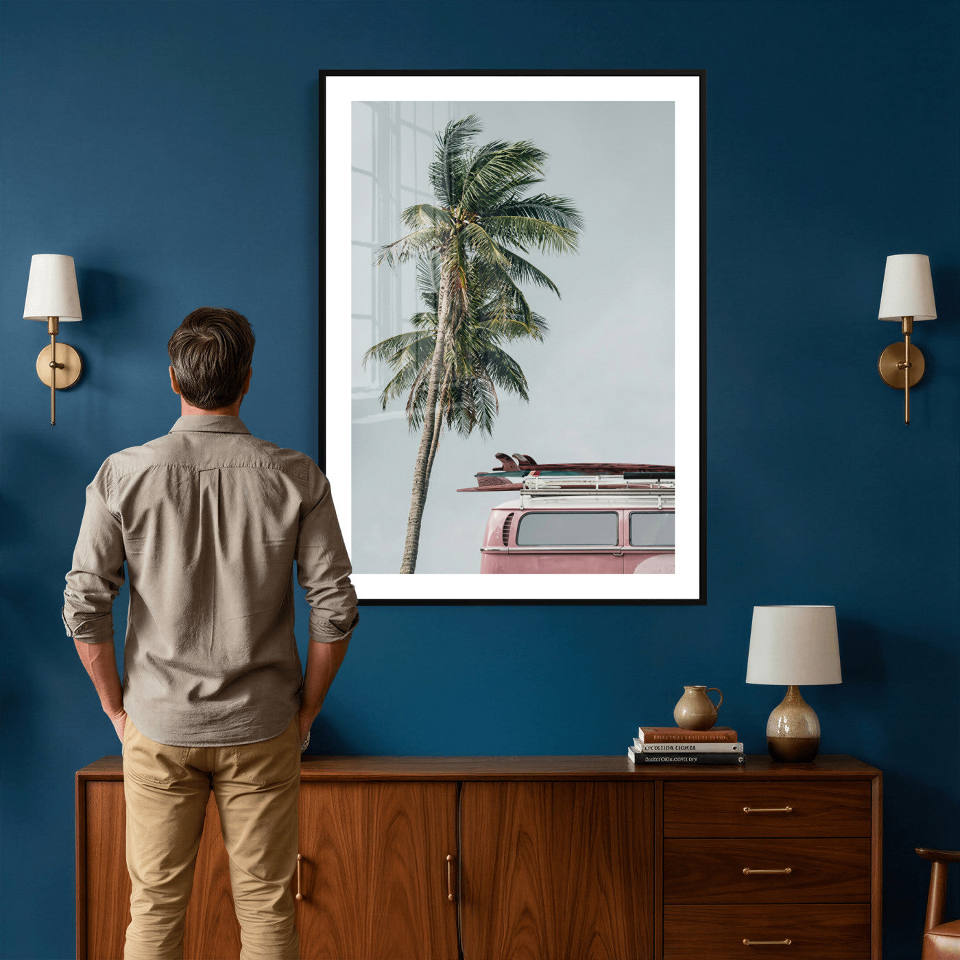 73117797-MGV-CV-24X36 - VW Van Palm Tree Canvas Wall Art, Pink Camper Surfboards Beach Print, Retro Surf Photography Decor, Coastal Boho Wall Art, Surfer Gift Idea