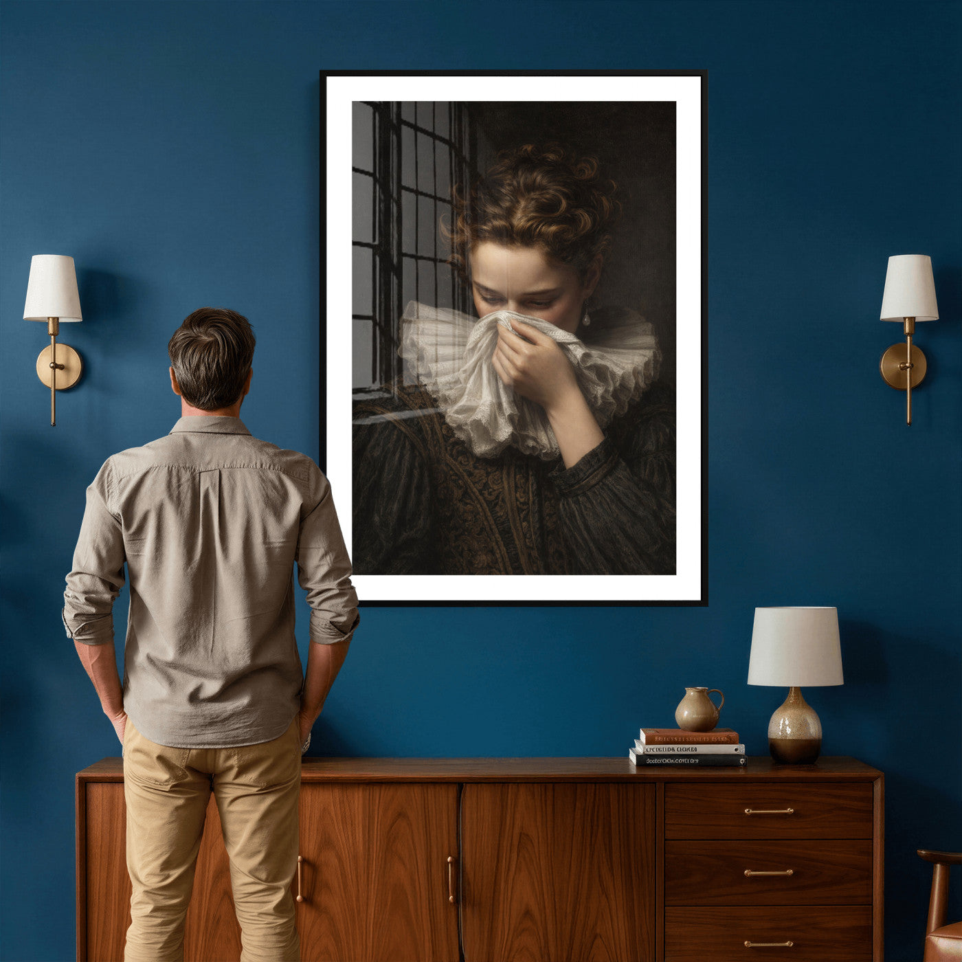 62652430-MGV-CV-24X36 - Baroque Portrait Canvas Wall Art, Flemish Woman with Lace Collar Print for Bathroom Wall Art, Funny Toilet Decor, Renaissance Style Portrait, Moody Vintage Wall Art