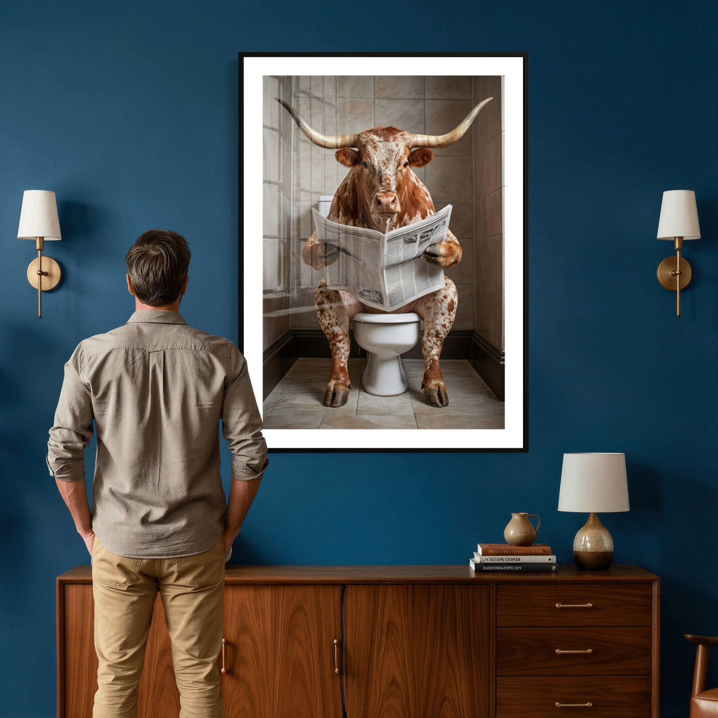 17728527-MGV-CV-24X36 - Funny Bathroom Canvas Wall Art, Texas Longhorn on Toilet Reading Newspaper, Humor Animal Print, Farmhouse Bathroom Decor, Quirky Cow Gift, Toilet Room Art