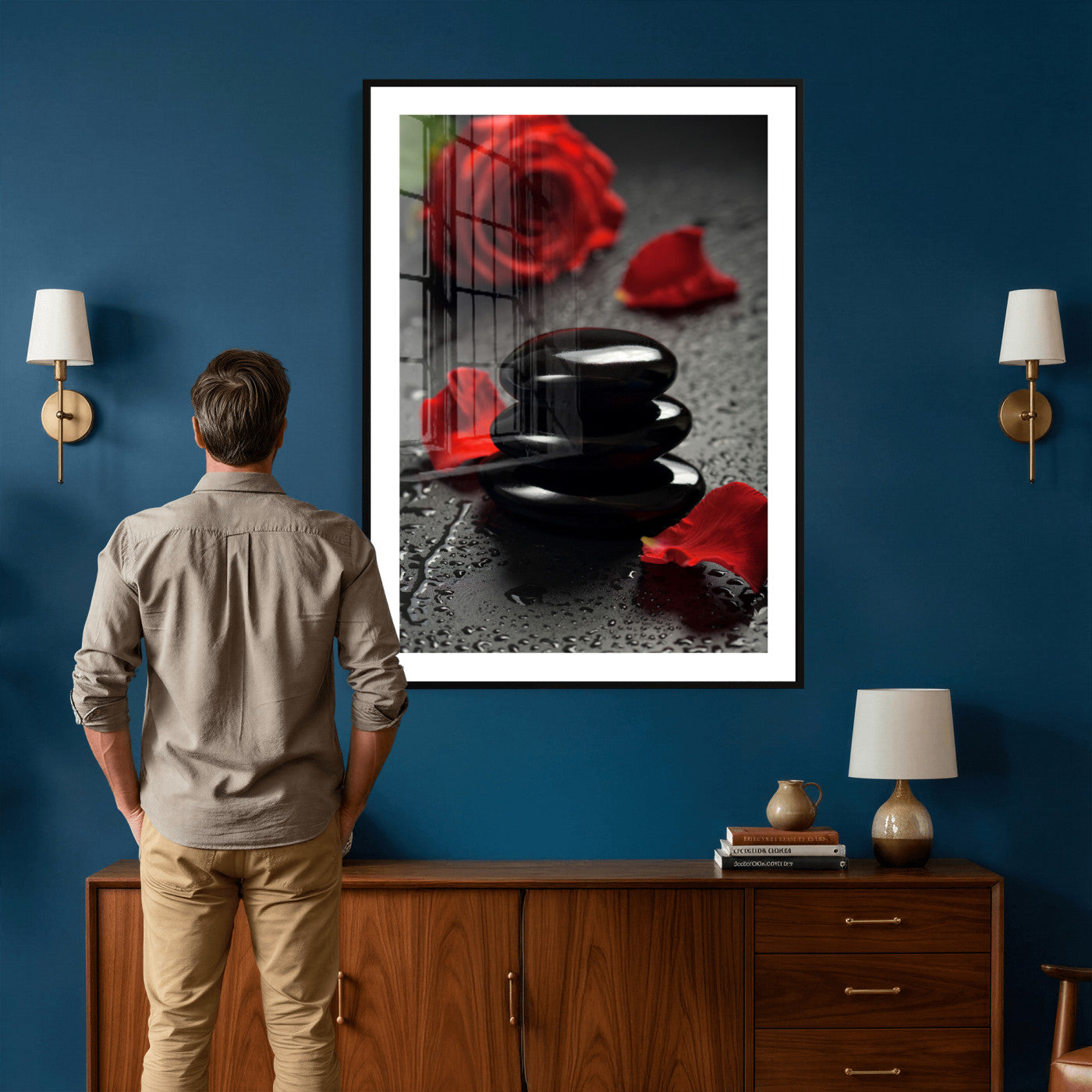 37334763-MGV-CV-24X36 - Black Lava Stone Rose Canvas | Red Rose Spa Photography Print | Stacked Stones Dark Luxury Wall Art | Dramatic Bathroom Decor