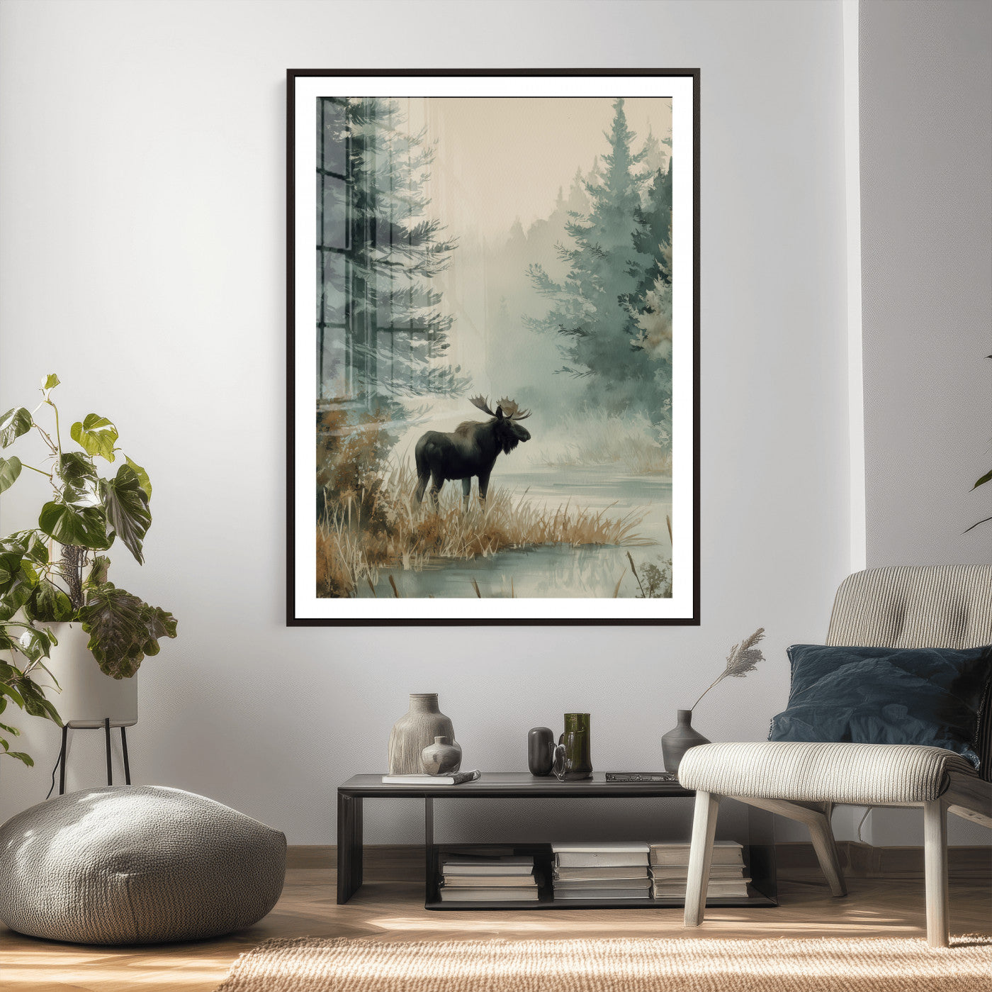 78345154-MGV-CV-24X36 - Watercolor Abstract Moose Forest Wall Art Canvas Print – Wildlife Nature Artwork Print for Living Room, Cabin, and Office Decor