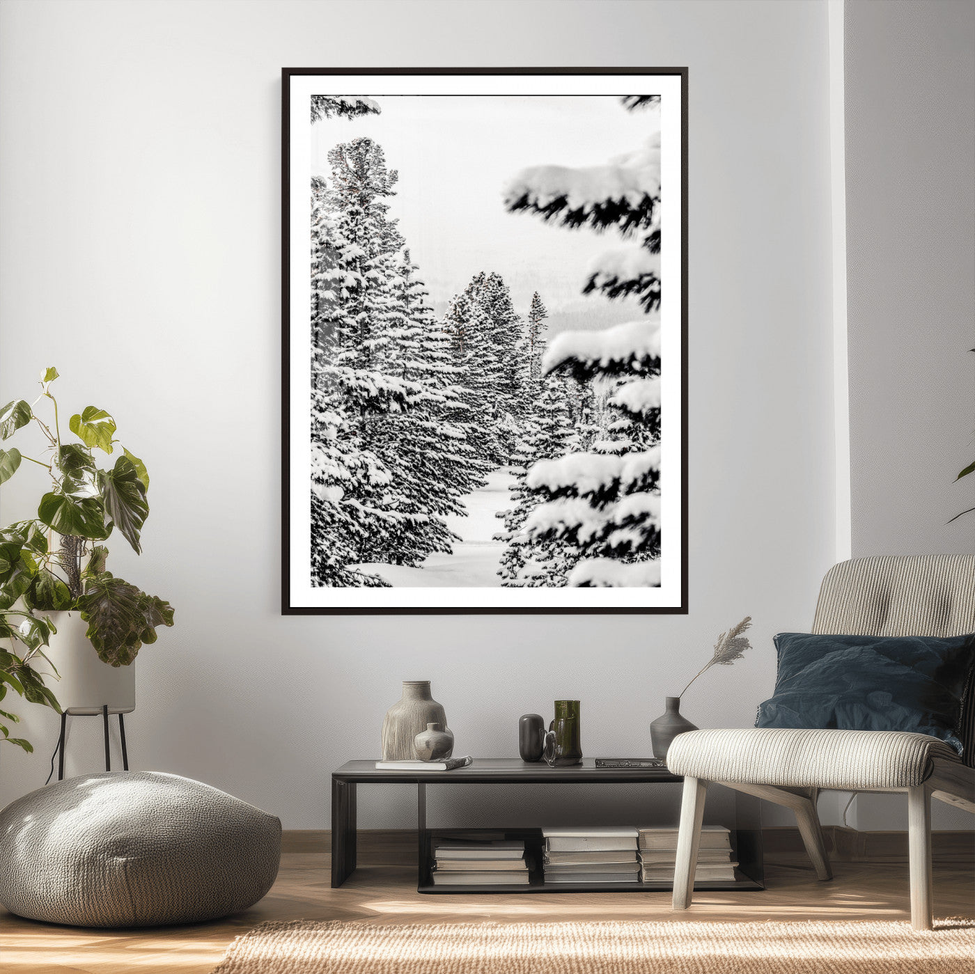 42534505-MGV-CV-24X36 - Snowy Pine Forest Wall Art Canvas Print, Minimal Winter Woodland Landscape, Black and White Nature Artwork