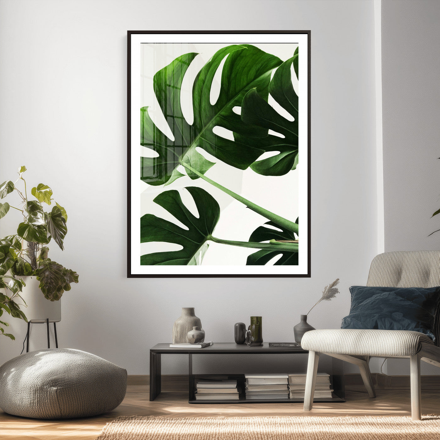 62365202-MGV-CV-24X36 - Green Monstera Leaf Wall Art Canvas Print, Tropical Botanical Wall Decor, Modern Minimal Plant Art, Framed Canvas Wall Art Ready to Hang