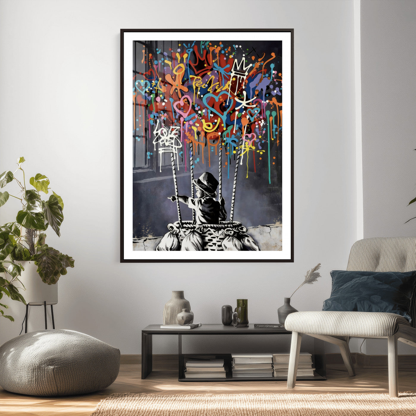 56325542-MGV-CV-24X36 - Banksy Inspired Boy Swing Wall Art Canvas Print, Graffiti Balloon Hearts Street Art, Colorful Urban Mural Artwork for Modern Living Room Decor