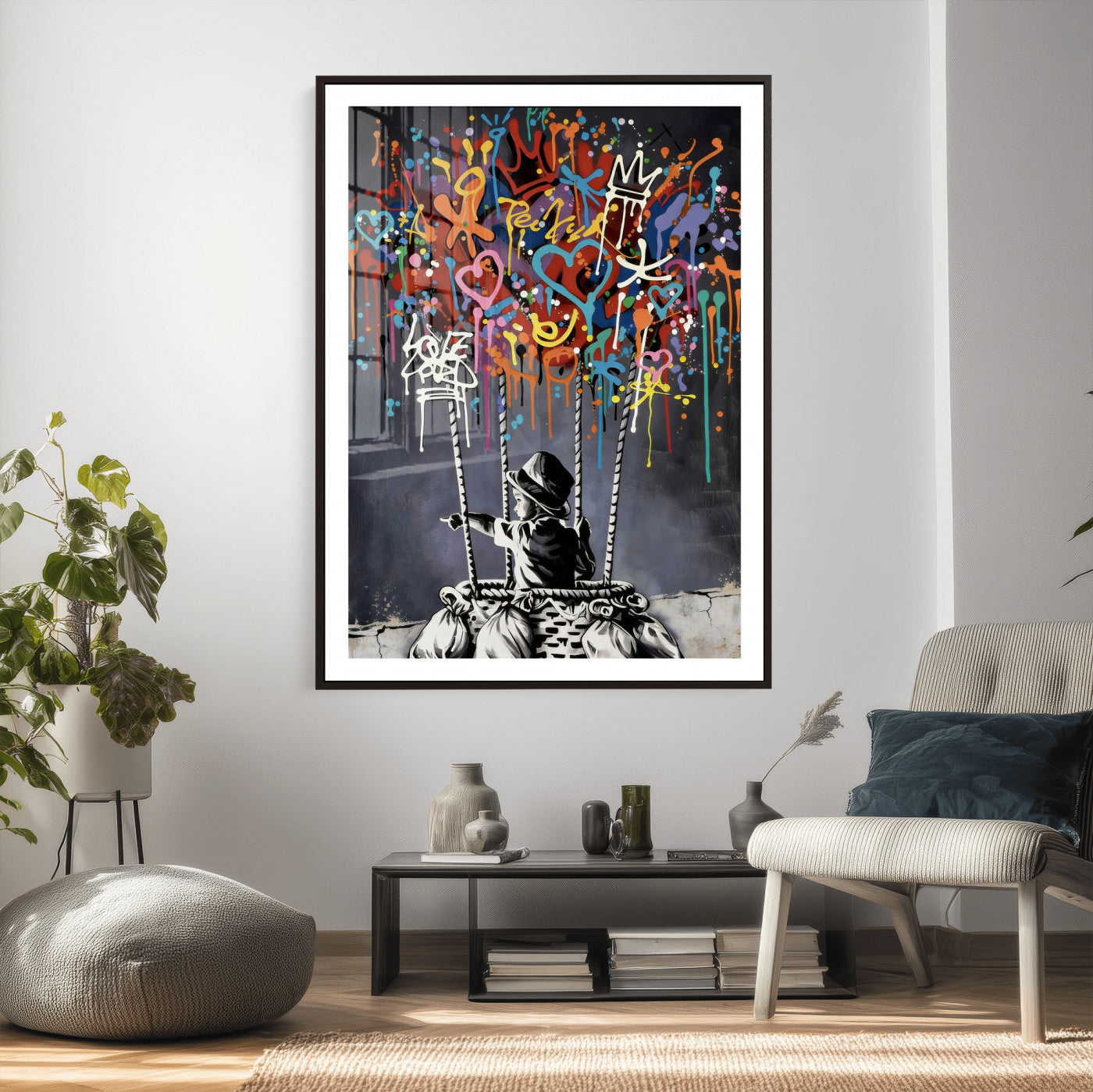 56325542-MGV-CV-24X36 - Banksy Inspired Boy Swing Wall Art Canvas Print, Graffiti Balloon Hearts Street Art, Colorful Urban Mural Artwork for Modern Living Room Decor