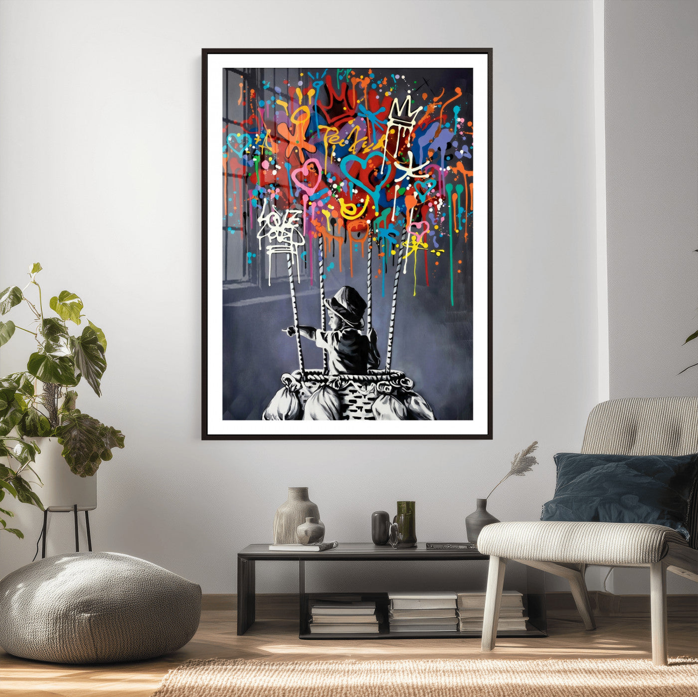 87352999-MGV-CV-24X36 - Banksy Inspired Boy Swing Wall Art Canvas Print, Graffiti Balloon Hearts Street Art, Colorful Urban Mural Artwork for Modern Living Room Decor