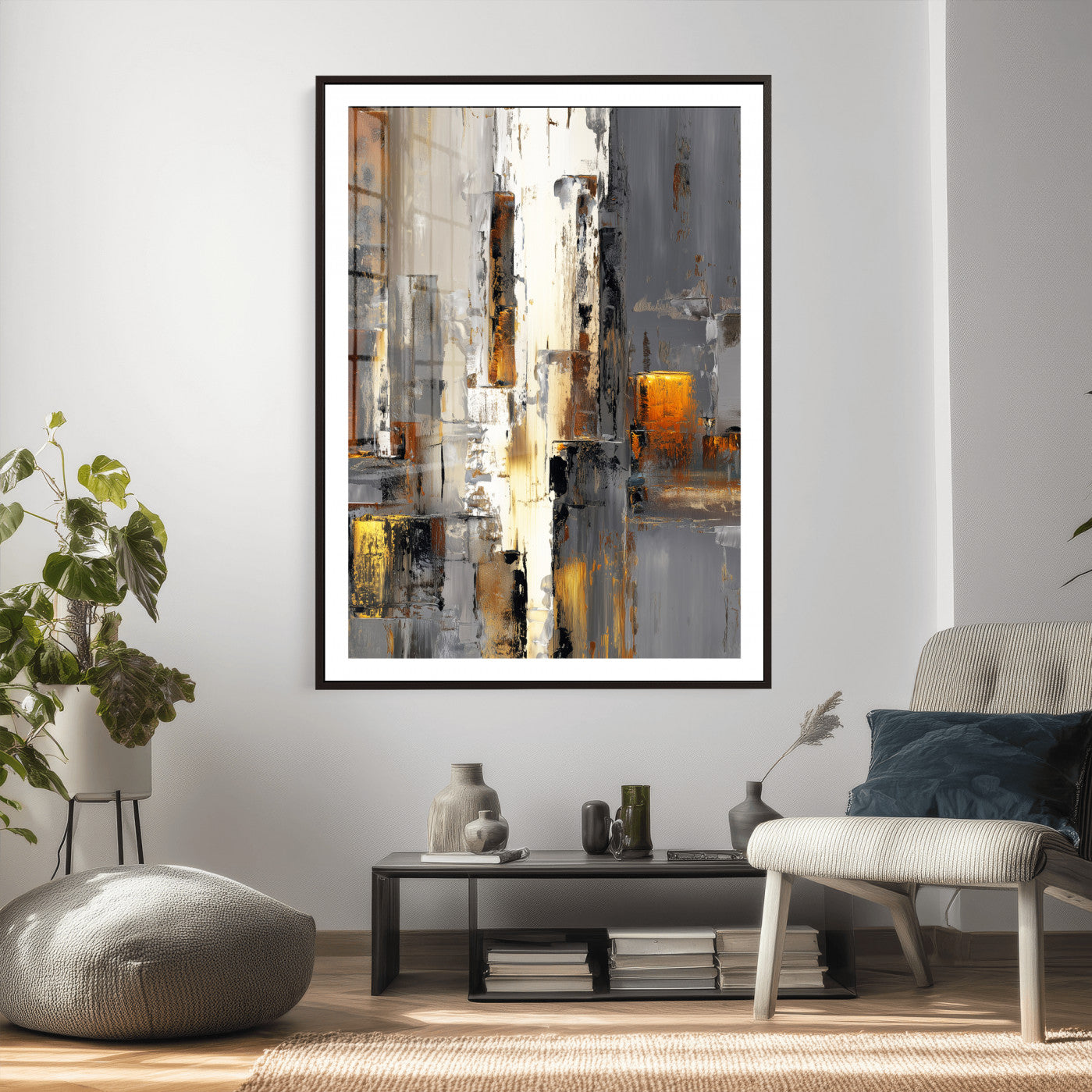 35992080-MGV-CV-24X36 - Abstract Urban Reflection Wall Art Canvas Print, Gold Black Modern Architecture Canvas Print, Contemporary Moody City Artwork for Living Room Decor
