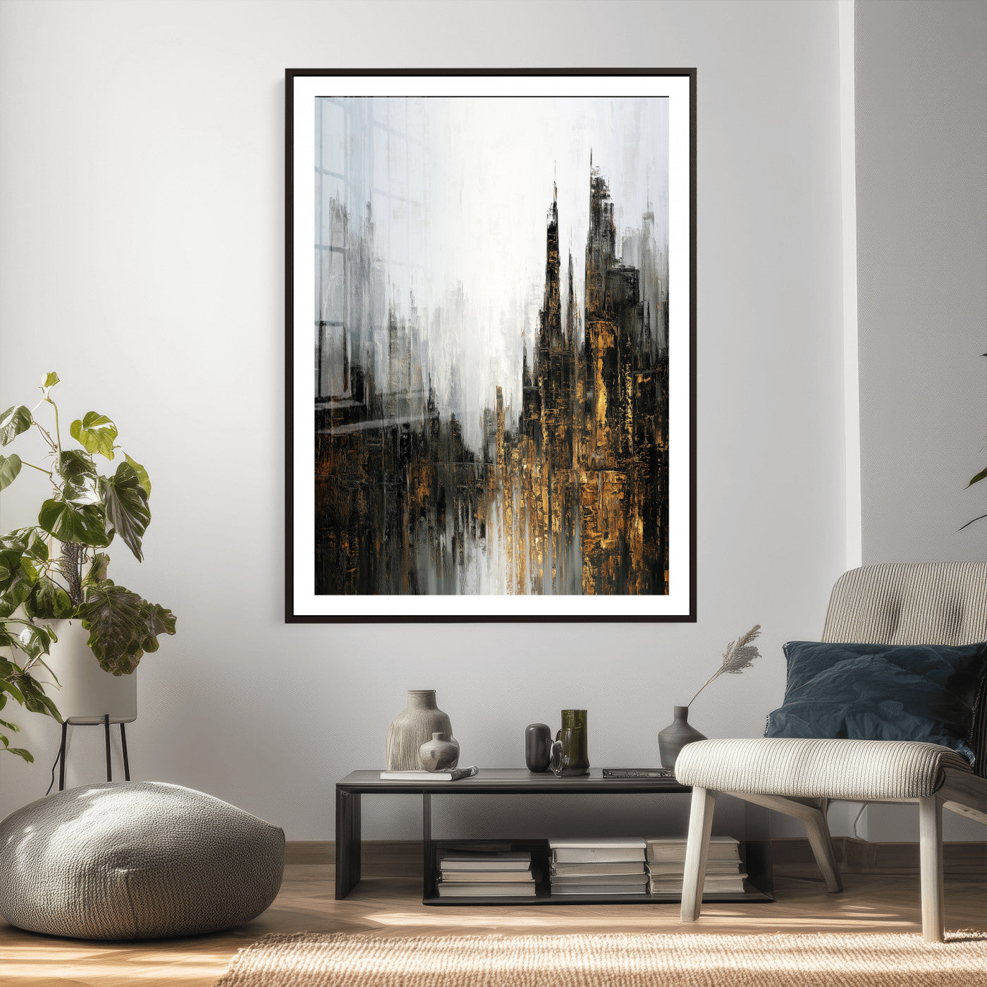 39629486-MGV-CV-24X36 - Abstract Urban Reflection Wall Art Canvas Print, Gold Black Modern Architecture Canvas Print, Contemporary Moody City Artwork for Living Room Decor