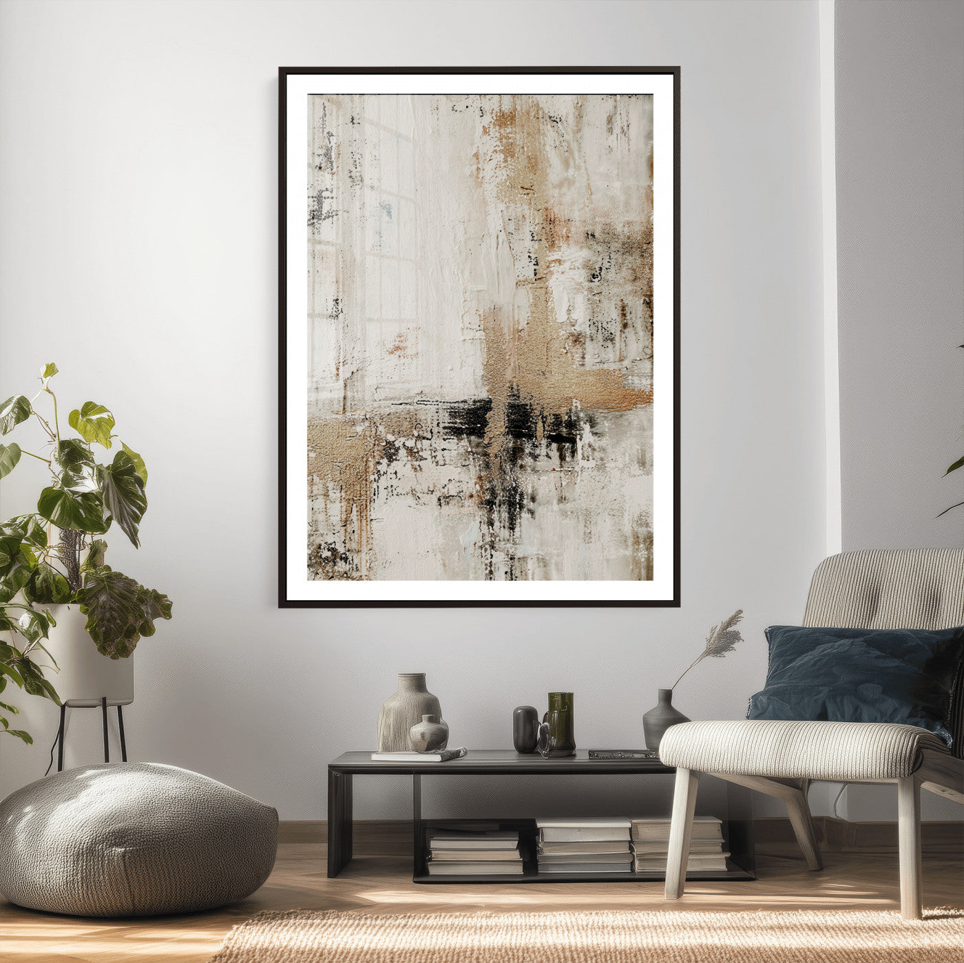 381262454-MGV-CV-24X36 - Neutral Abstract Wall Art Canvas Print, Beige Black Textured Modern Canvas Print, Minimalist Contemporary Artwork for Living Room Decor