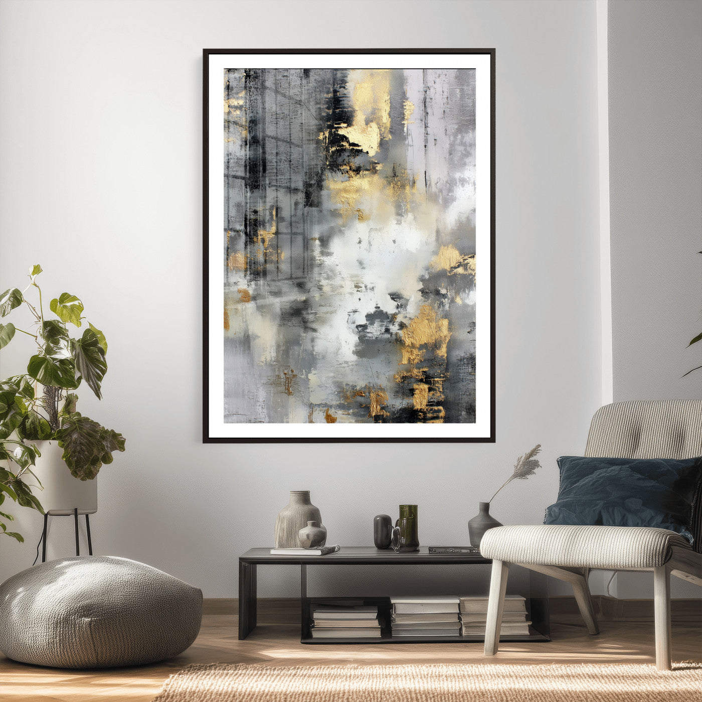 381262454543-MGV-CV-24X36 - Gray Gold Abstract Wall Art Canvas Print, Textured Modern Canvas Print, Minimalist Contemporary Artwork for Living Room Decor