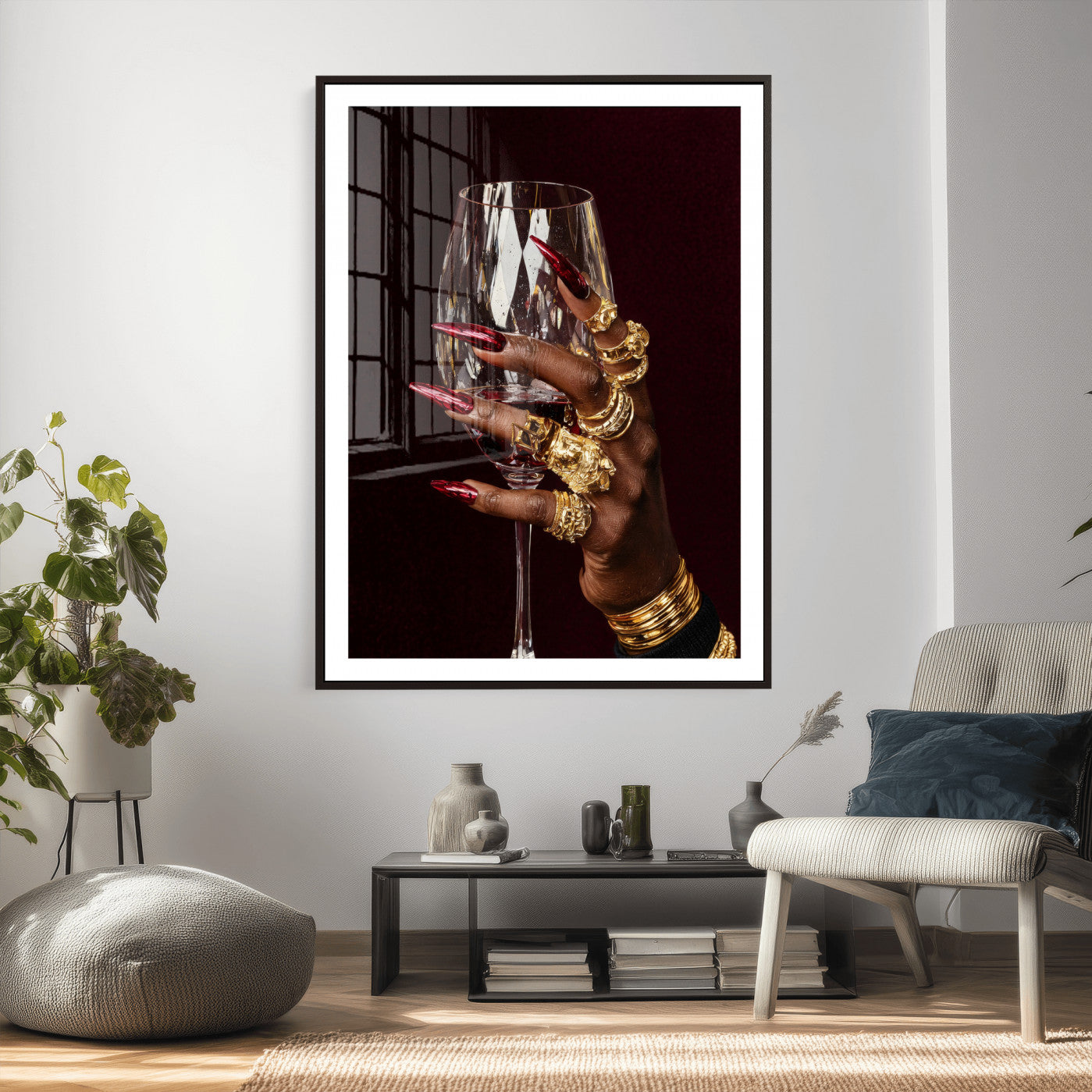 8151788Y6-MGV-CV-24X36 - Black Woman Holding Elegant Wine Glass Art, Black Girl Art, Black Woman Art, Trendy Black Girl Wall Art