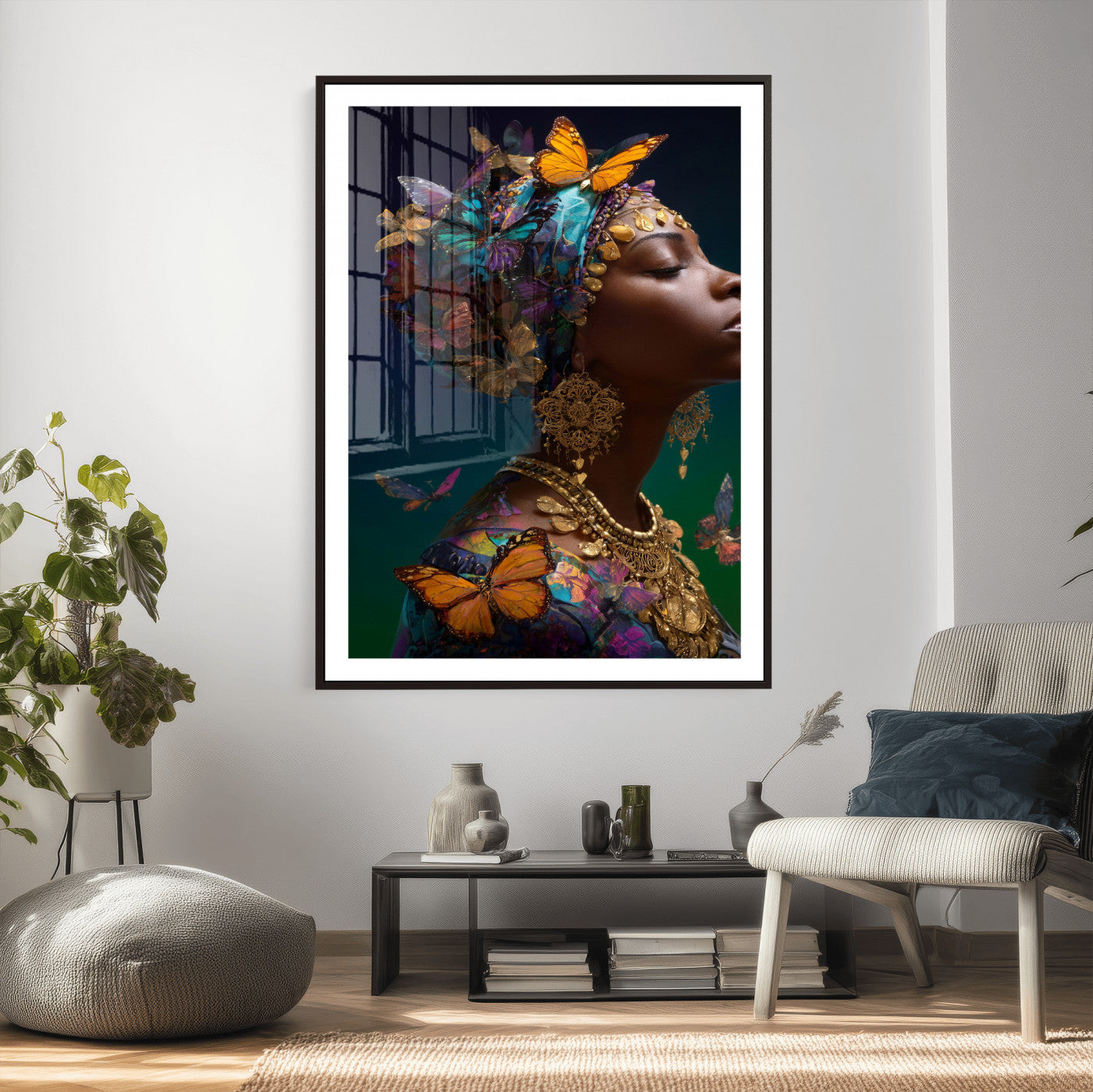 620930SZC0-MGV-CV-24X36 - Butterfly Crown Gold Woman Portrait — Monarch Queen Canvas Print | Teal Dark Fantasy Art | Boho Bedroom Wall Decor | Empowerment Gift Her