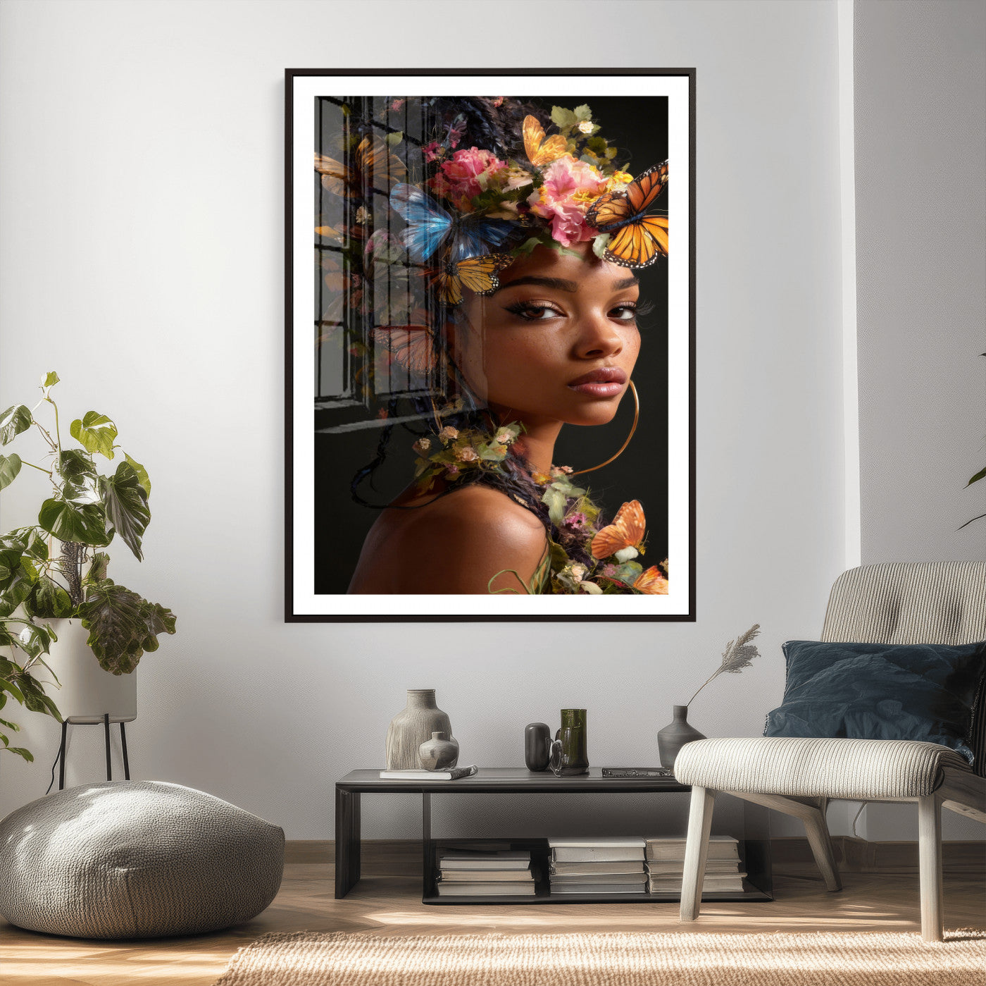 620930SZC10-MGV-CV-24X36 - Butterfly Crown Gold Woman Portrait — Monarch Queen Canvas Print | Teal Dark Fantasy Art | Boho Bedroom Wall Decor | Empowerment Gift Her