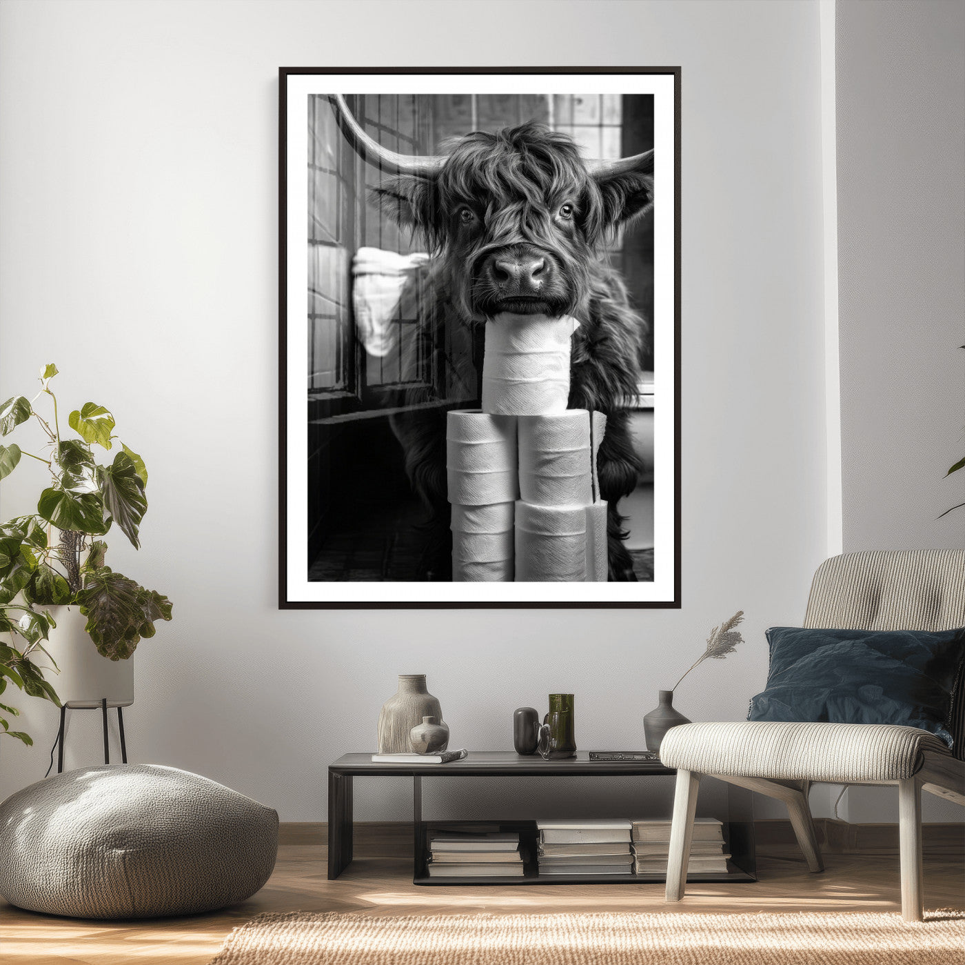 95909209-MGV-CV-24X36 - Highland Cow Toilet Paper Canvas Wall Art, Funny Bathroom Black White Print, Cute Animal Humor Decor, Quirky Farmhouse Bathroom Art, Cow Lover Gift