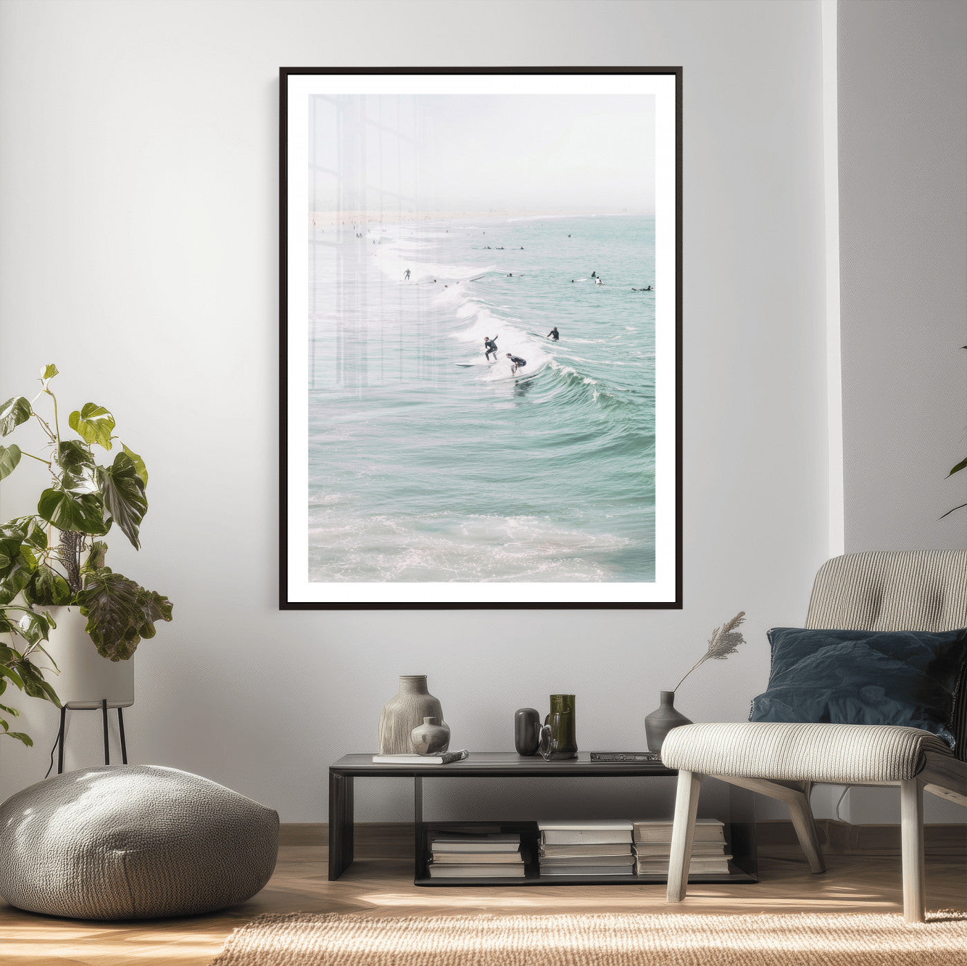 58043762-MGV-CV-24X36 - Surfers on Waves Canvas Wall Art, Aerial Ocean Photography Print, Mint Green Surf Decor, California Beach House Art, Coastal Sports Wall Decor