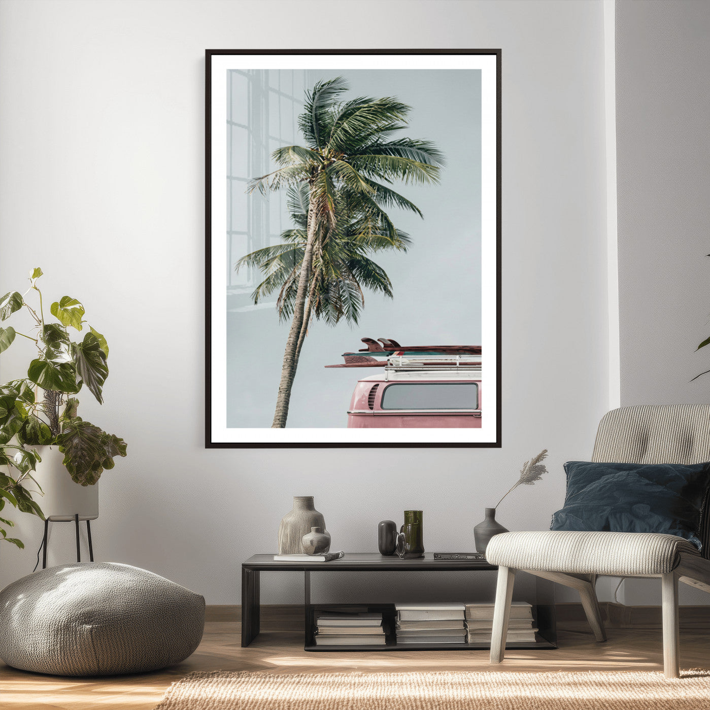 73117797-MGV-CV-24X36 - VW Van Palm Tree Canvas Wall Art, Pink Camper Surfboards Beach Print, Retro Surf Photography Decor, Coastal Boho Wall Art, Surfer Gift Idea