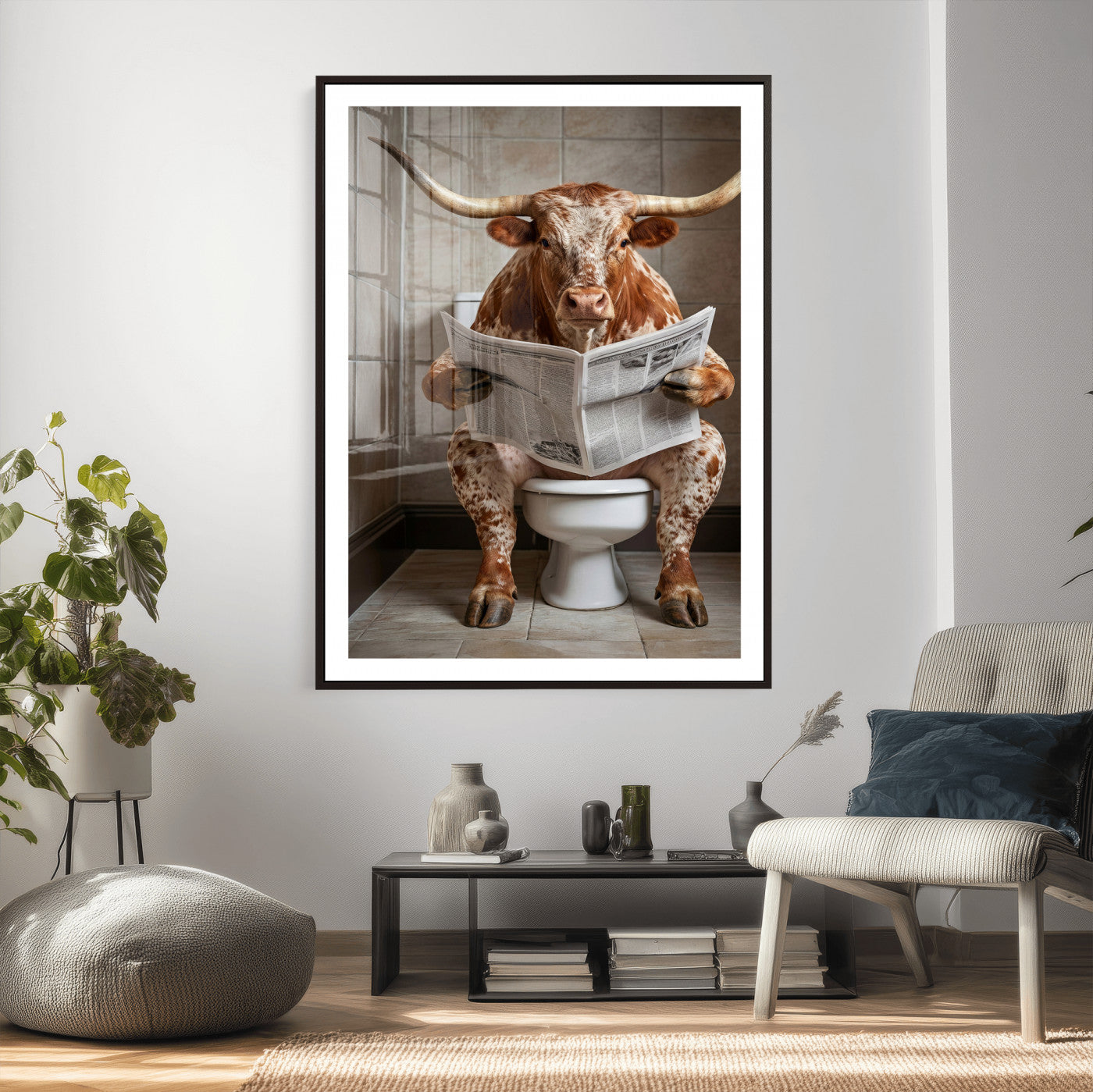 17728527-MGV-CV-24X36 - Funny Bathroom Canvas Wall Art, Texas Longhorn on Toilet Reading Newspaper, Humor Animal Print, Farmhouse Bathroom Decor, Quirky Cow Gift, Toilet Room Art
