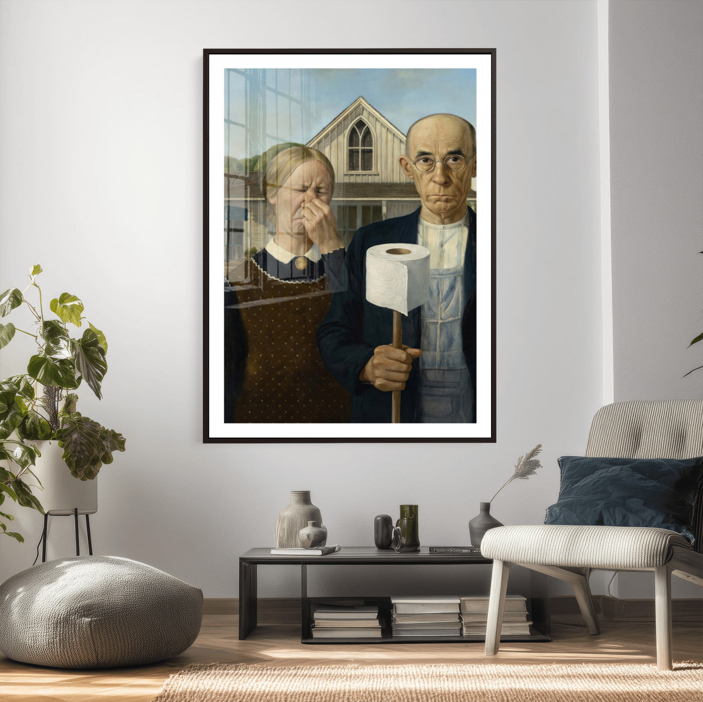 46805085-MGV-CV-24X36 - Funny Bathroom Canvas Wall Art, Grant Wood American Gothic Toilet Paper Parody Print, Humor Bathroom Decor, Classic Art Spoof, Quirky Housewarming Gift