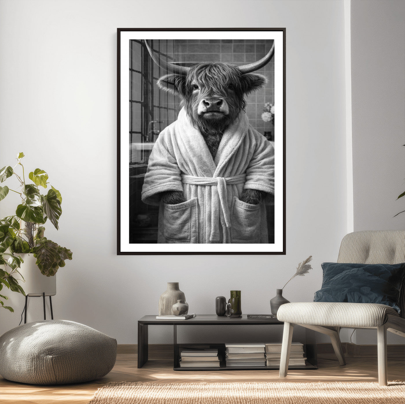 98453723-MGV-CV-24X36 - Funny Bathroom Wall Art Canvas Print, Highland Cow in Bathrobe, Black and White Humor Decor, Animal Bathroom Print, Farmhouse Bathroom Art