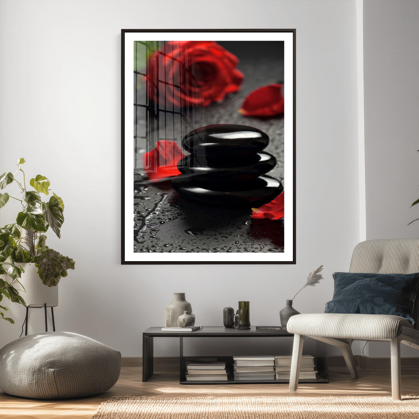 37334763-MGV-CV-24X36 - Black Lava Stone Rose Canvas | Red Rose Spa Photography Print | Stacked Stones Dark Luxury Wall Art | Dramatic Bathroom Decor