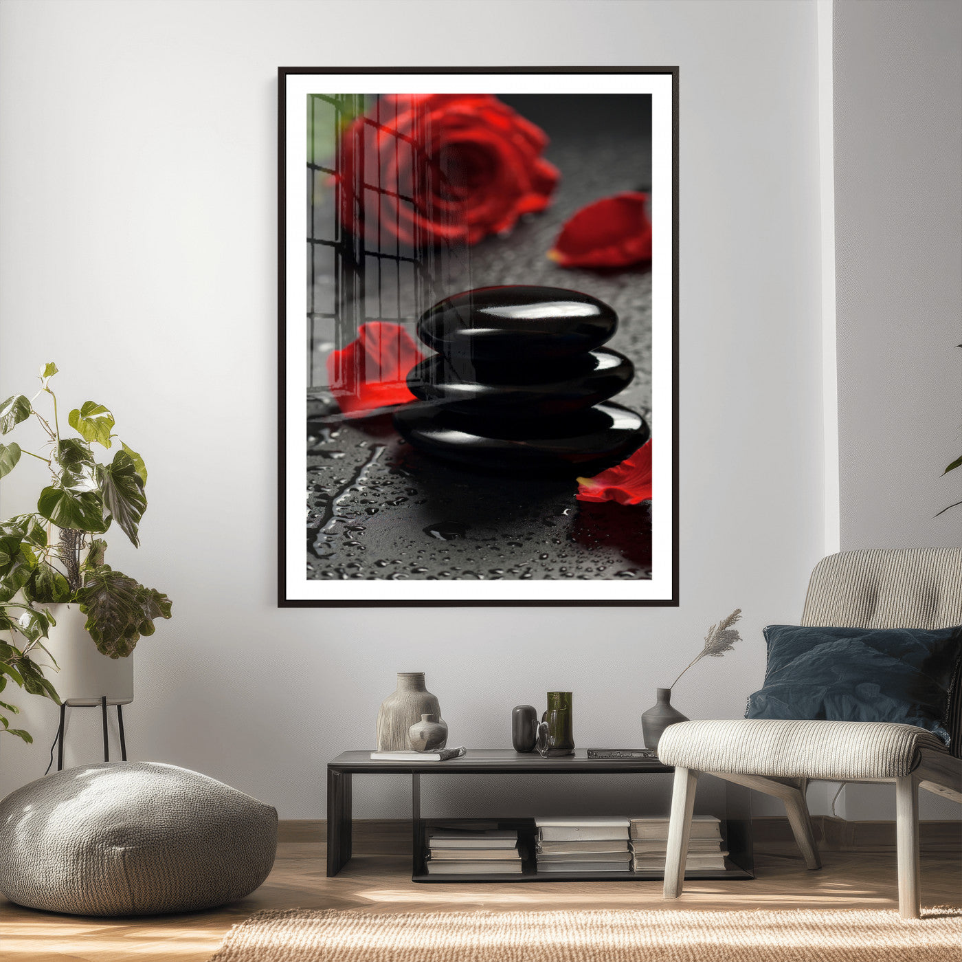 37334763-MGV-CV-24X36 - Black Lava Stone Rose Canvas | Red Rose Spa Photography Print | Stacked Stones Dark Luxury Wall Art | Dramatic Bathroom Decor