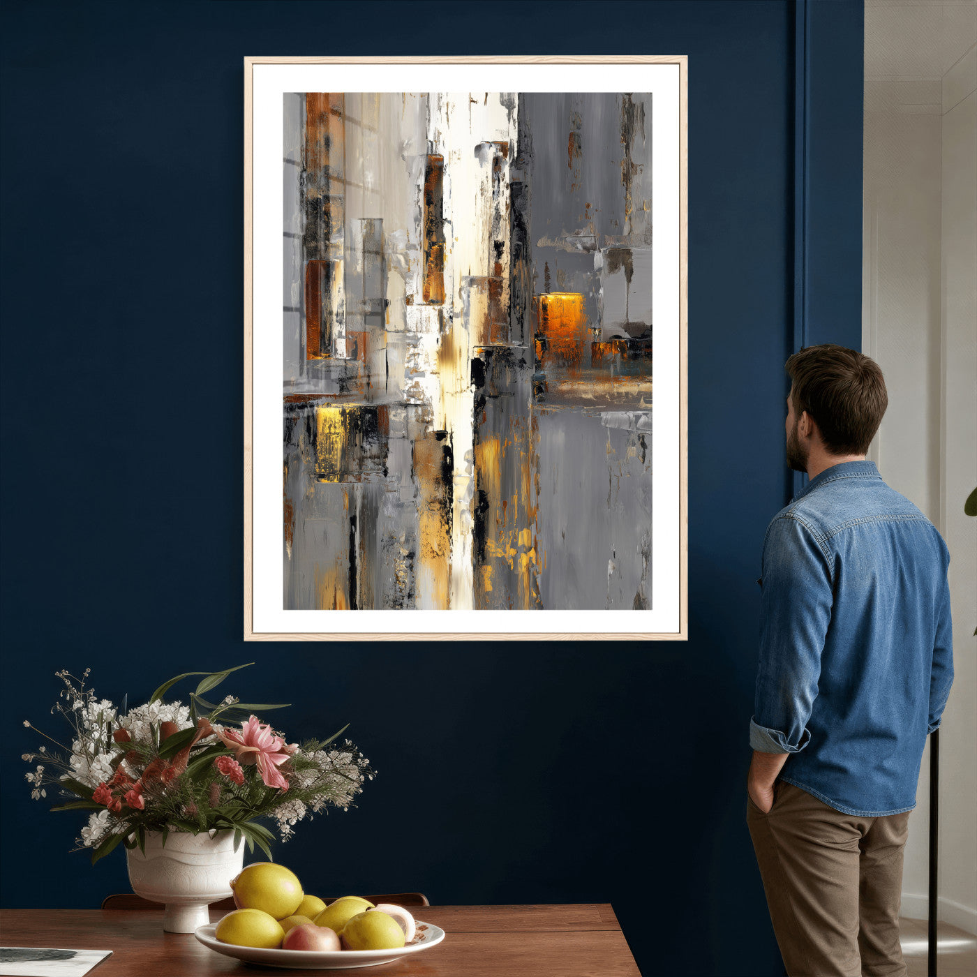 35992080-MGV-CV-24X36 - Abstract Urban Reflection Wall Art Canvas Print, Gold Black Modern Architecture Canvas Print, Contemporary Moody City Artwork for Living Room Decor
