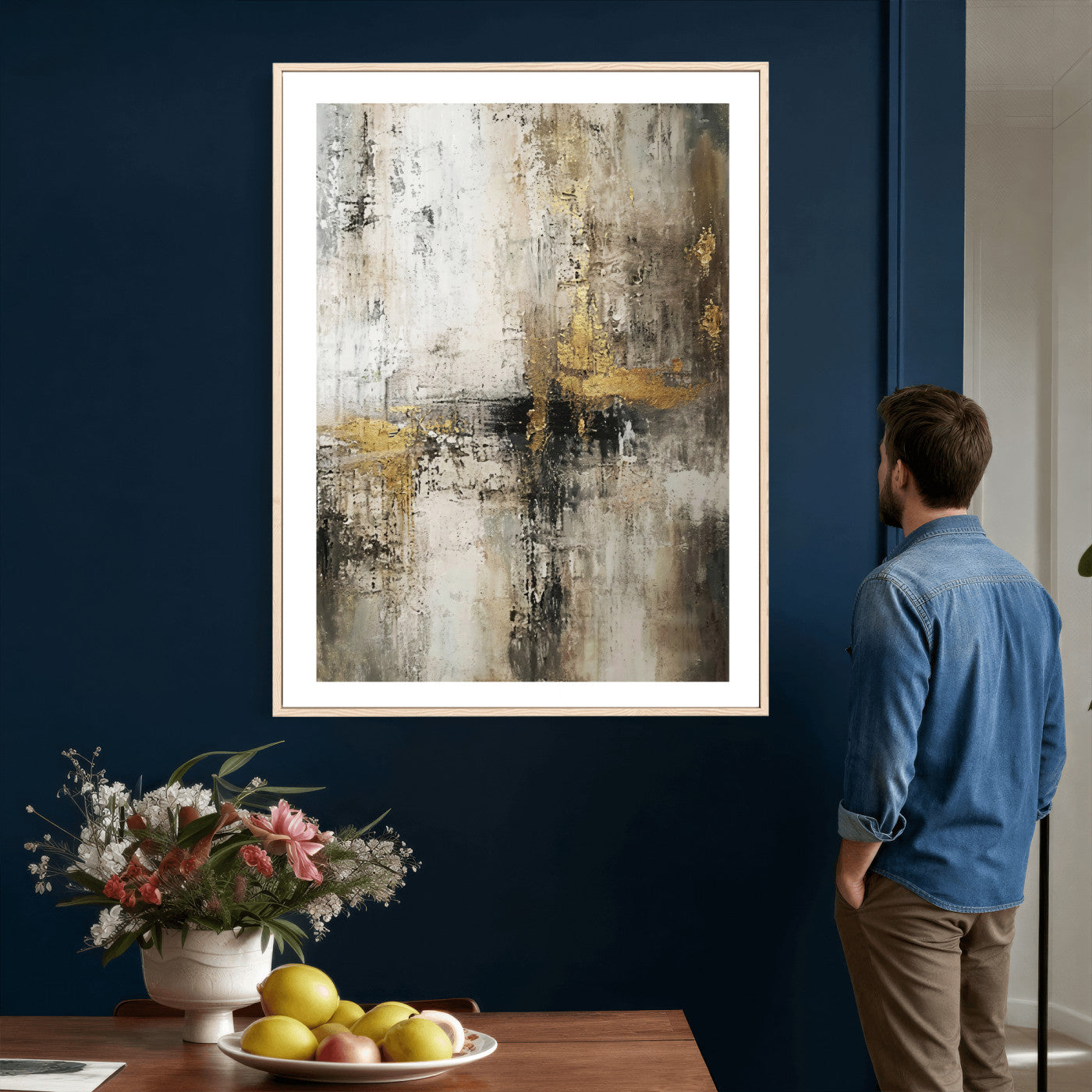 381262454-MGV-CV-24X36 - Framed Abstract Wall Art Canvas Print, Gold Black Modern Architecture Canvas Print, Contemporary Moody City Artwork for Living Room Decor