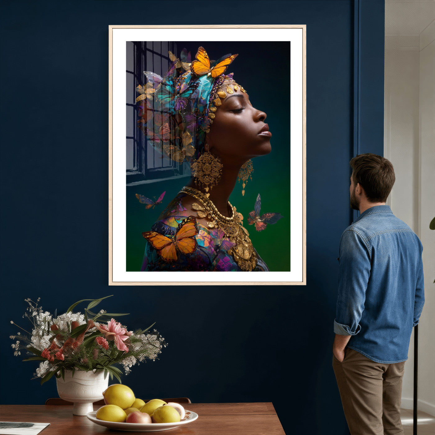 620930SZC0-MGV-CV-24X36 - Butterfly Crown Gold Woman Portrait — Monarch Queen Canvas Print | Teal Dark Fantasy Art | Boho Bedroom Wall Decor | Empowerment Gift Her