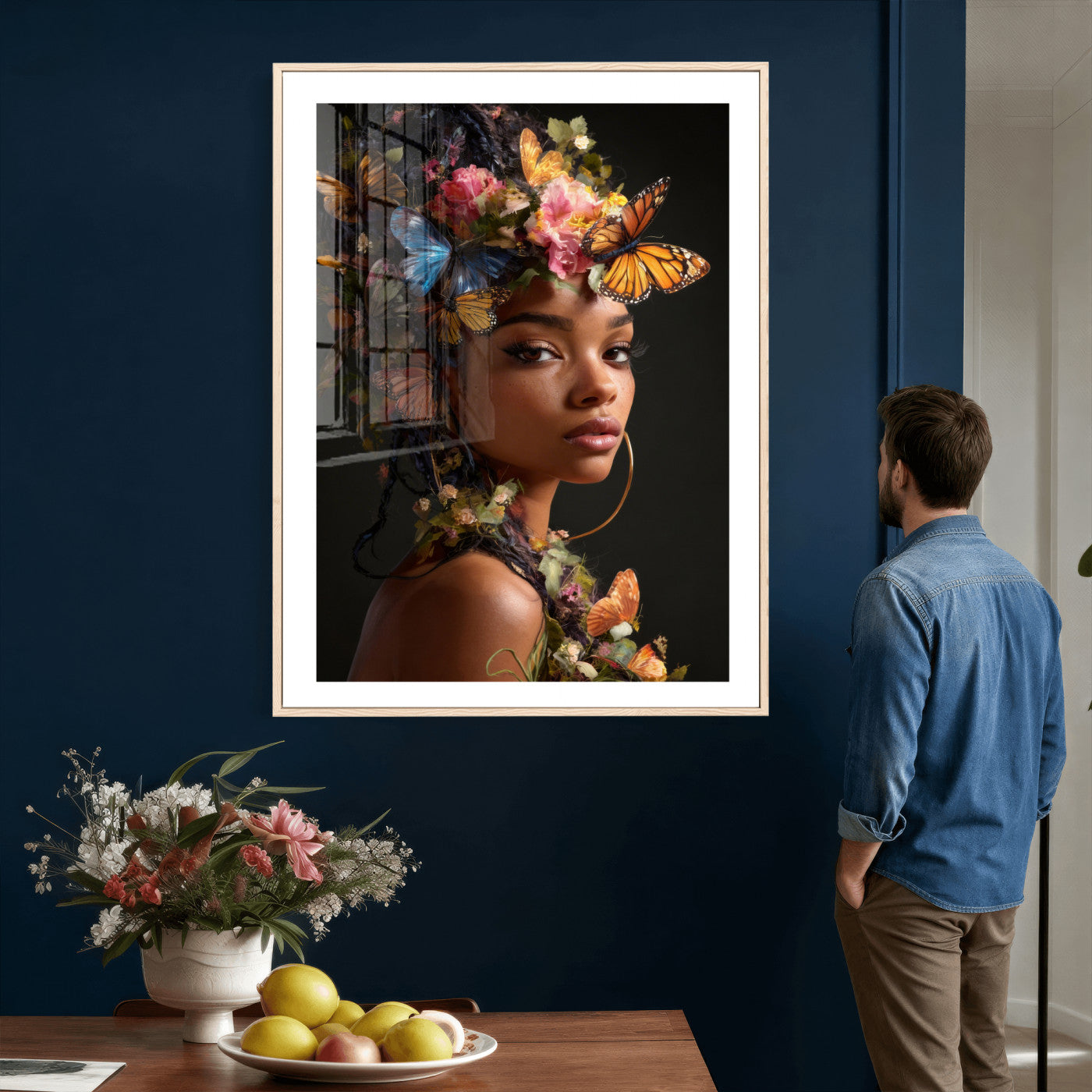 620930SZC10-MGV-CV-24X36 - Butterfly Crown Gold Woman Portrait — Monarch Queen Canvas Print | Teal Dark Fantasy Art | Boho Bedroom Wall Decor | Empowerment Gift Her