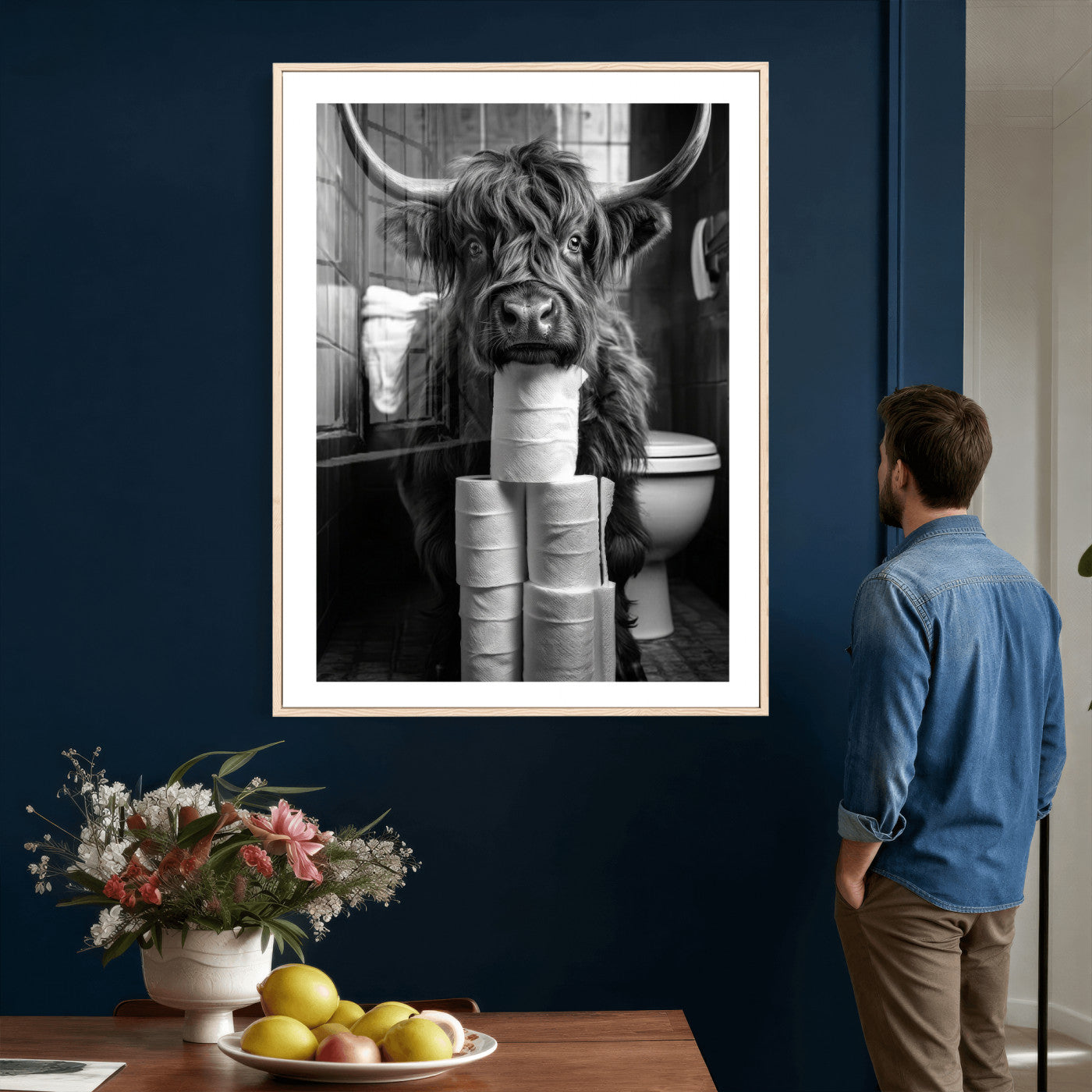 95909209-MGV-CV-24X36 - Highland Cow Toilet Paper Canvas Wall Art, Funny Bathroom Black White Print, Cute Animal Humor Decor, Quirky Farmhouse Bathroom Art, Cow Lover Gift