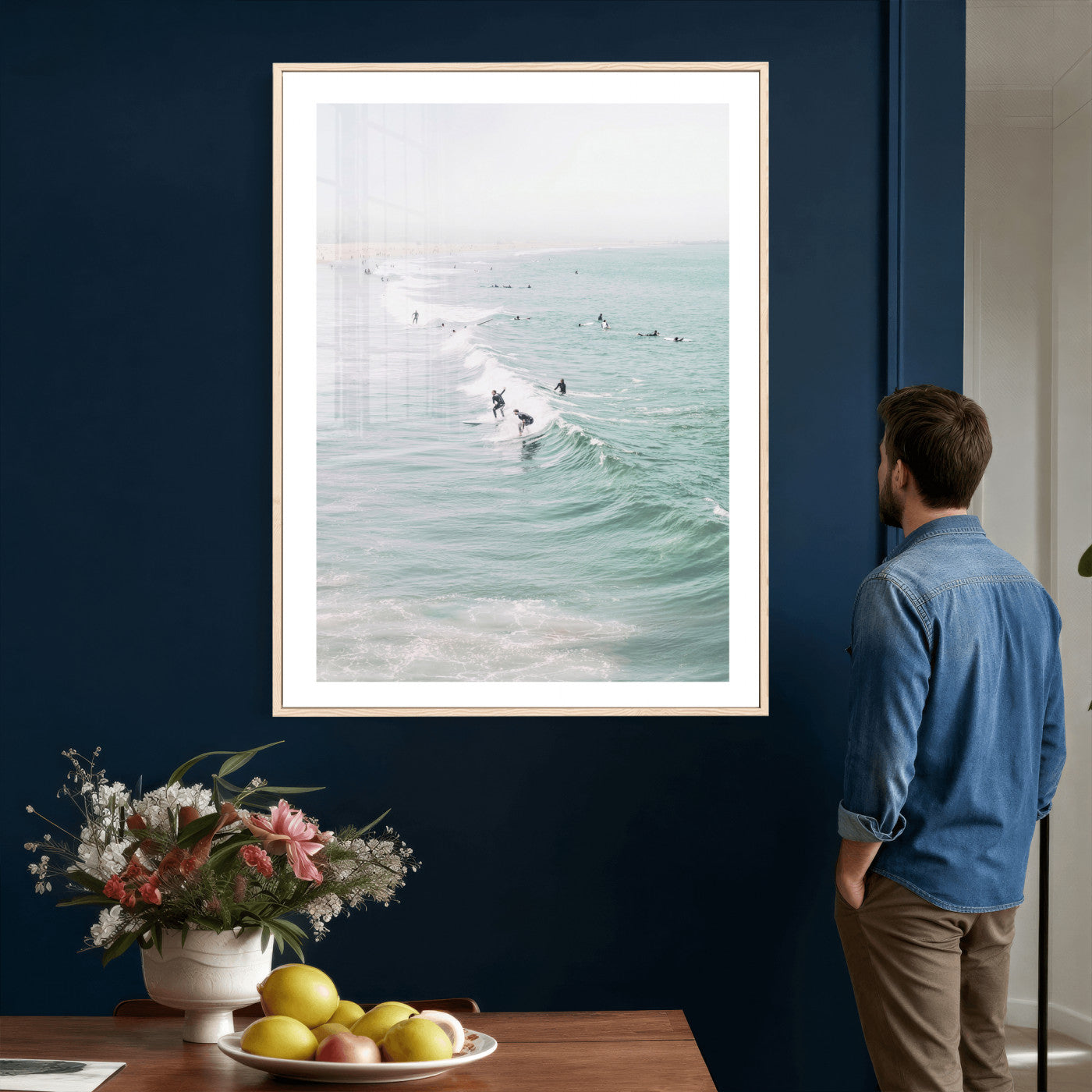 58043762-MGV-CV-24X36 - Surfers on Waves Canvas Wall Art, Aerial Ocean Photography Print, Mint Green Surf Decor, California Beach House Art, Coastal Sports Wall Decor