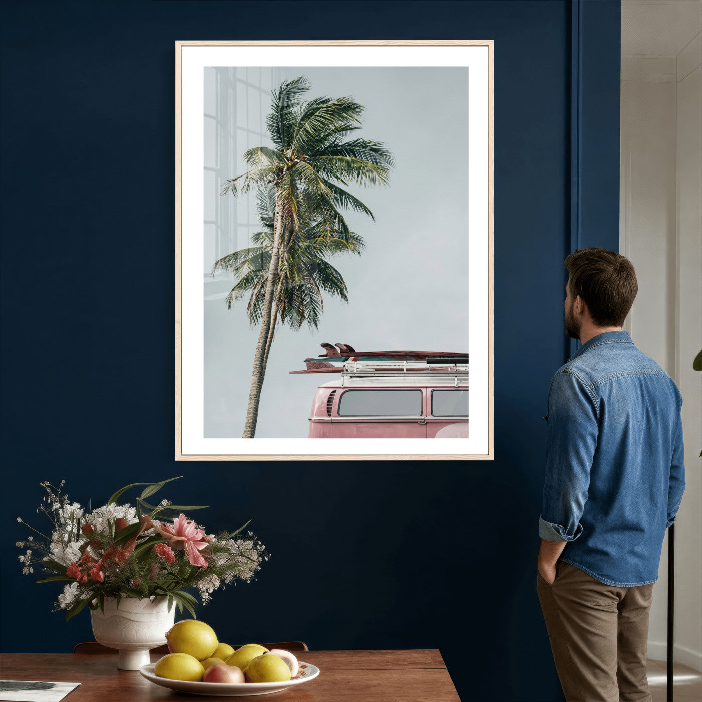 73117797-MGV-CV-24X36 - VW Van Palm Tree Canvas Wall Art, Pink Camper Surfboards Beach Print, Retro Surf Photography Decor, Coastal Boho Wall Art, Surfer Gift Idea