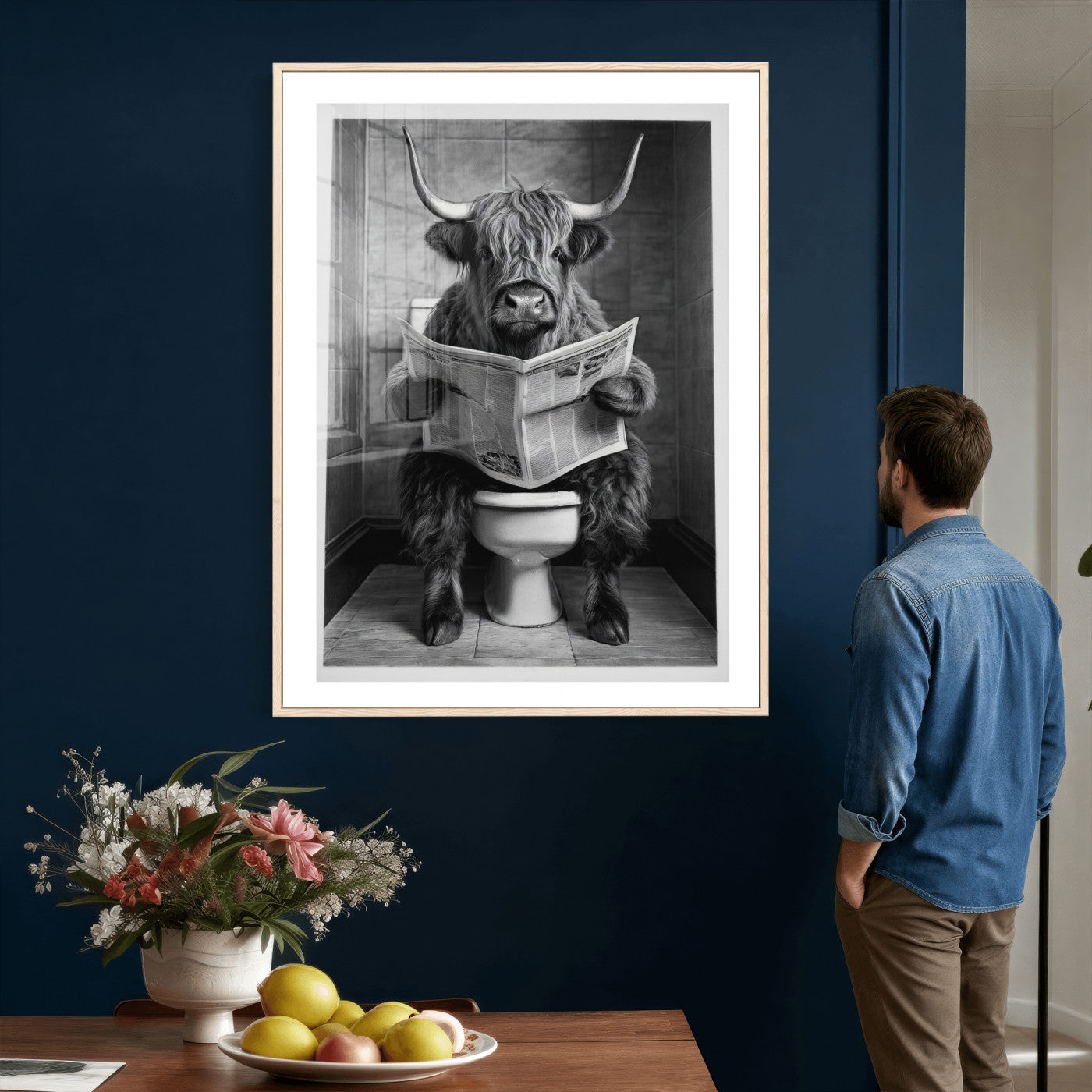 56930218-MGV-CV-24X36 - Funny Bathroom Canvas Wall Art, Texas Longhorn on Toilet Reading Newspaper, Humor Animal Print, Farmhouse Bathroom Decor, Quirky Cow Gift, Toilet Room Art