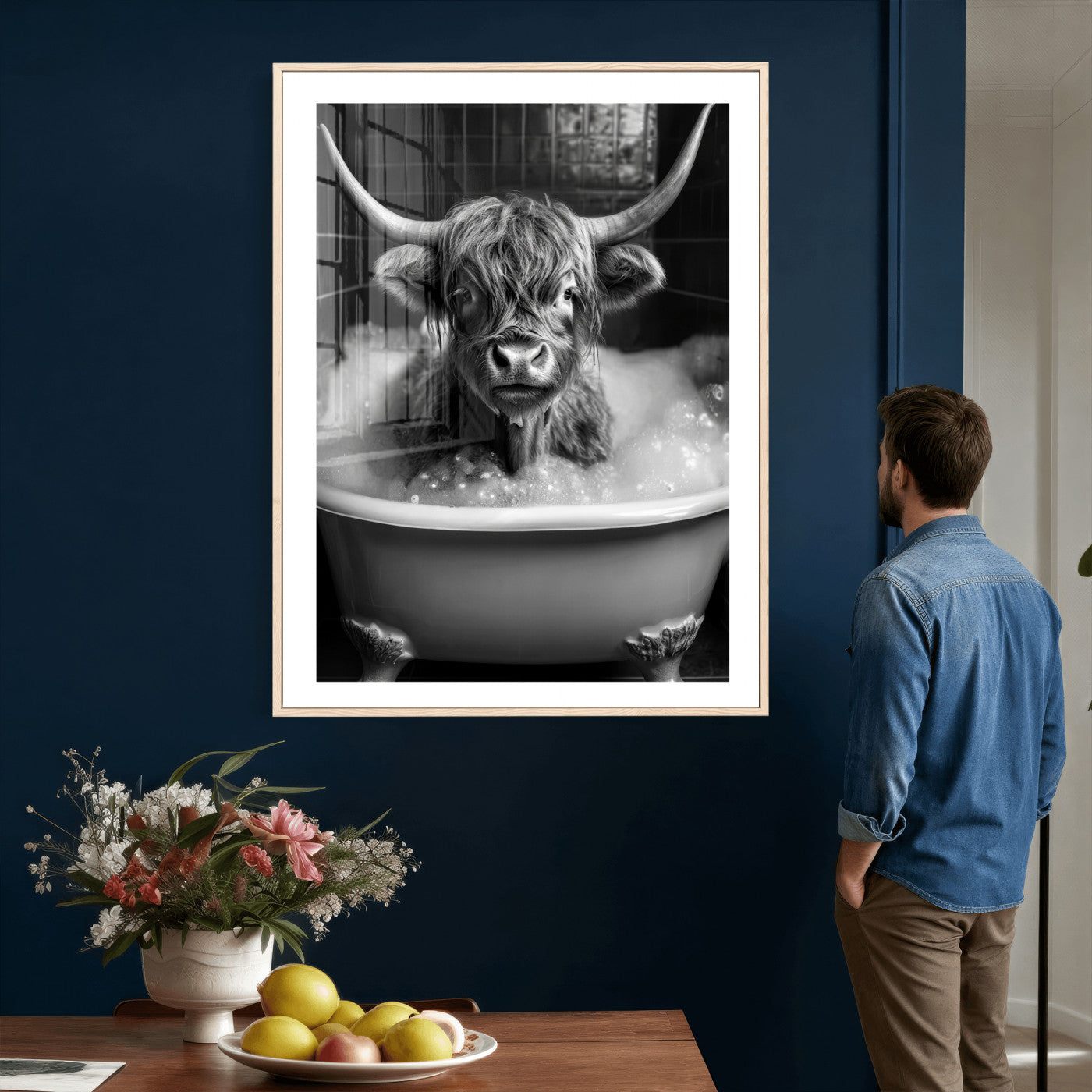 44020264-MGV-CV-24X36 - Highland Cow Bathtub Canvas Wall Art, Funny Bathroom Print Black White, Grumpy Cow Bubble Bath Decor, Animal Bathroom Art, Farmhouse Humor Print, Cute Cow Gift