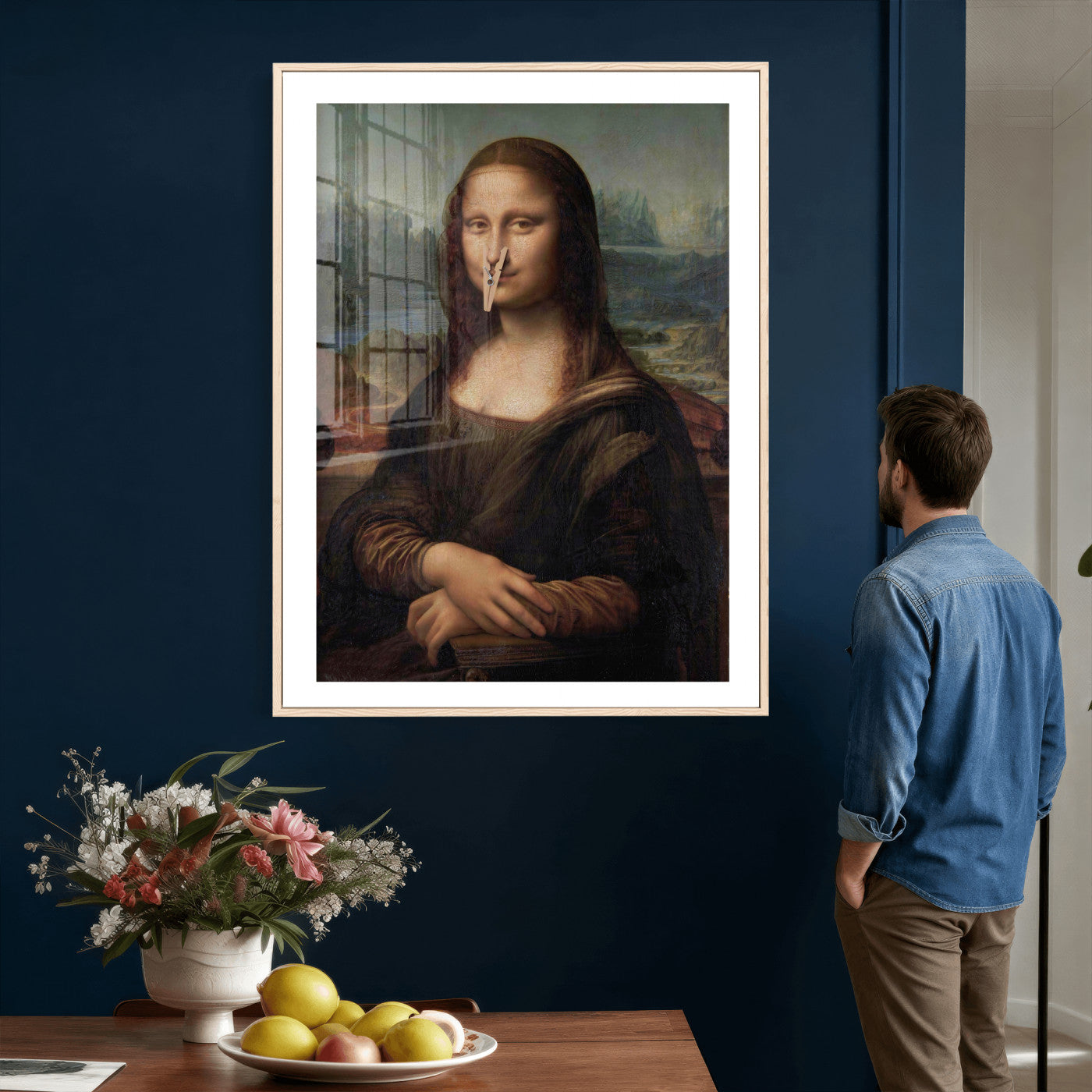 59125950-MGV-CV-24X36 - Funny Bathroom Canvas Wall Art Print, Mona Lisa Clothespin Nose Humor Decor, Classic Art Parody, Toilet Room Wall Art, Quirky Housewarming Gift, Eclectic Home Decor