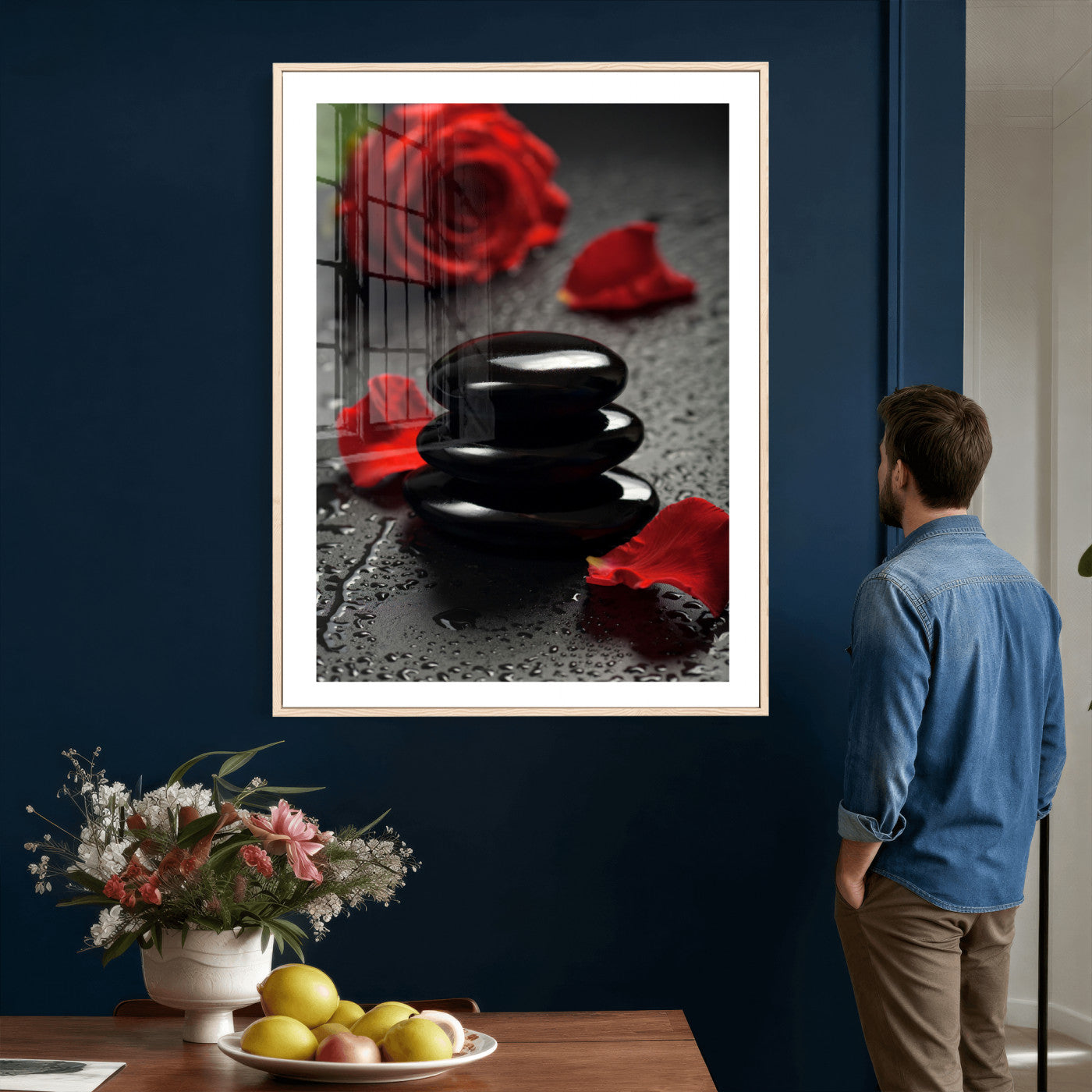 37334763-MGV-CV-24X36 - Black Lava Stone Rose Canvas | Red Rose Spa Photography Print | Stacked Stones Dark Luxury Wall Art | Dramatic Bathroom Decor