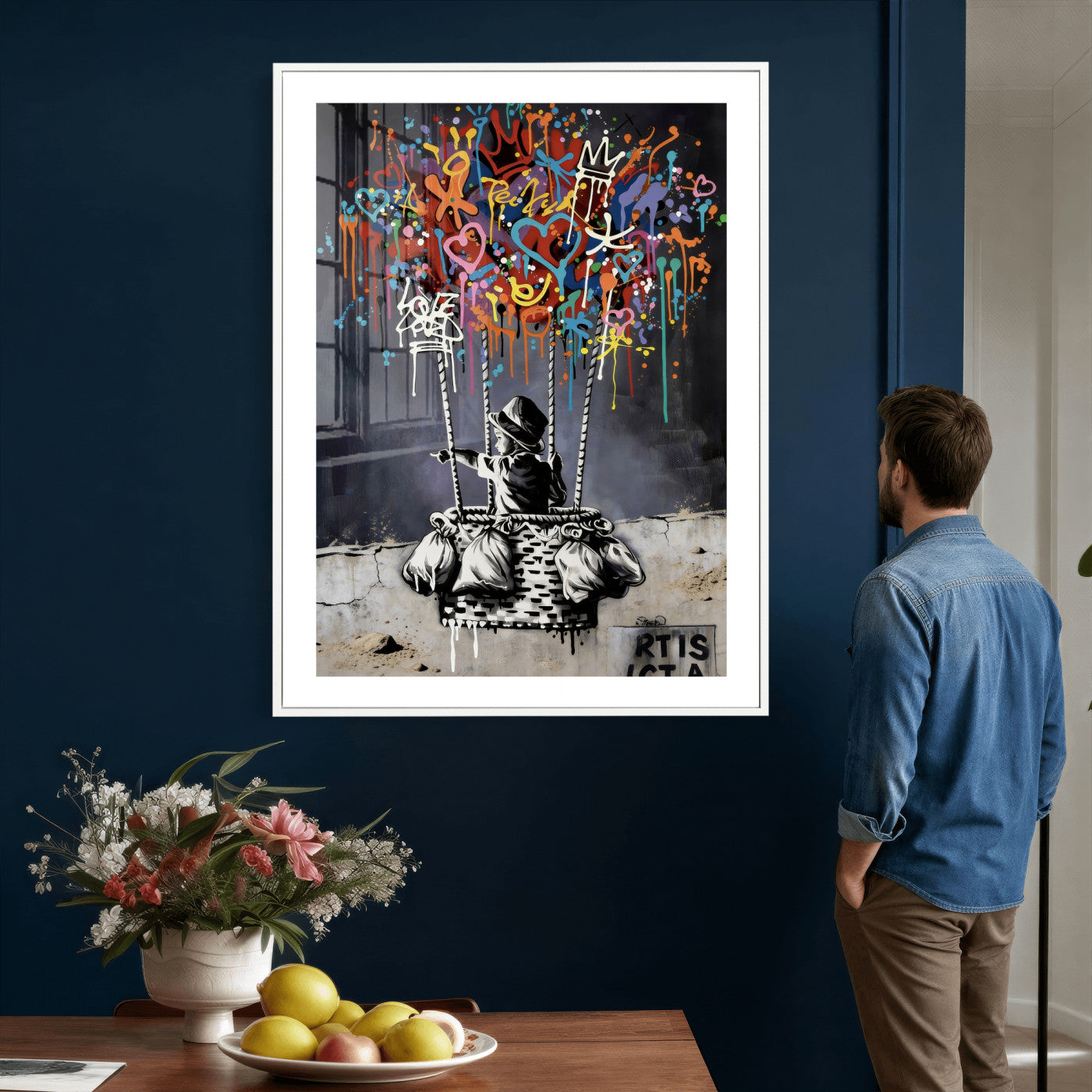 56325542-MGV-CV-24X36 - Banksy Inspired Boy Swing Wall Art Canvas Print, Graffiti Balloon Hearts Street Art, Colorful Urban Mural Artwork for Modern Living Room Decor