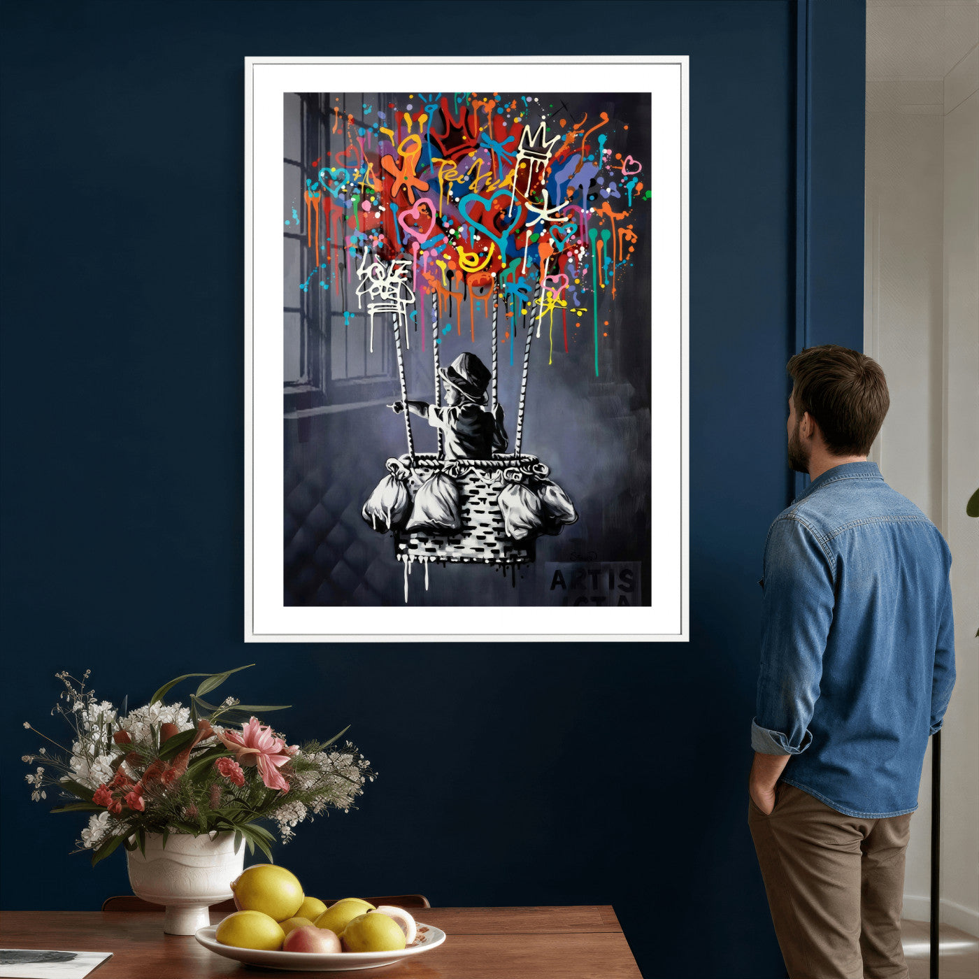 87352999-MGV-CV-24X36 - Banksy Inspired Boy Swing Wall Art Canvas Print, Graffiti Balloon Hearts Street Art, Colorful Urban Mural Artwork for Modern Living Room Decor