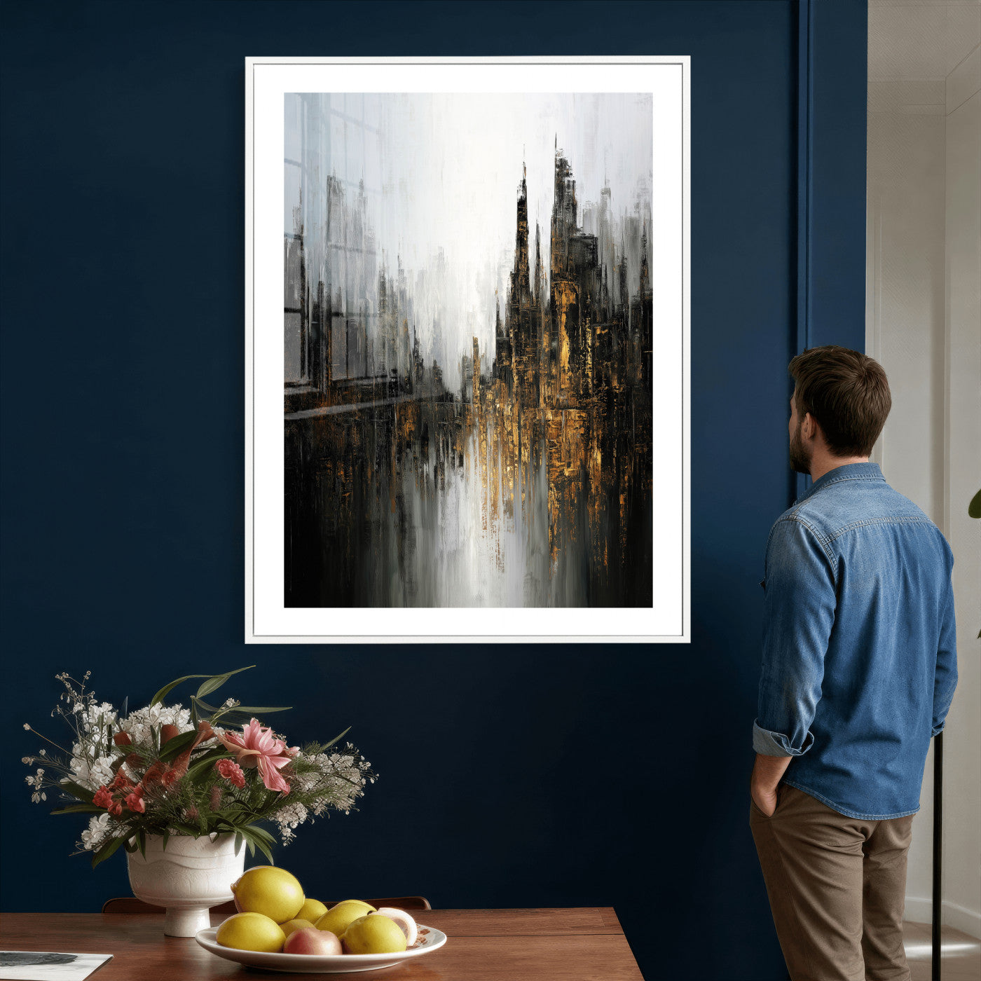 39629486-MGV-CV-24X36 - Abstract Urban Reflection Wall Art Canvas Print, Gold Black Modern Architecture Canvas Print, Contemporary Moody City Artwork for Living Room Decor