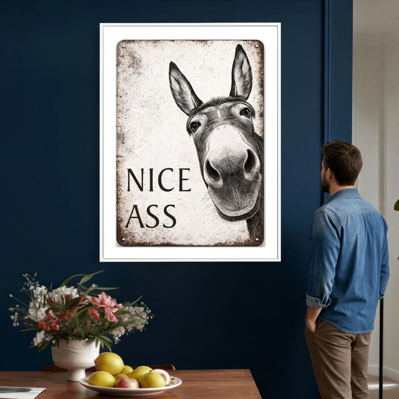 8151788R6-MGV-CV-24X36 - Funny Donkey Bathroom Wall Art Canvas Print, Nice Ass Farm Animal Sign, Rustic Farmhouse Humor Decor, Toilet Wall Art