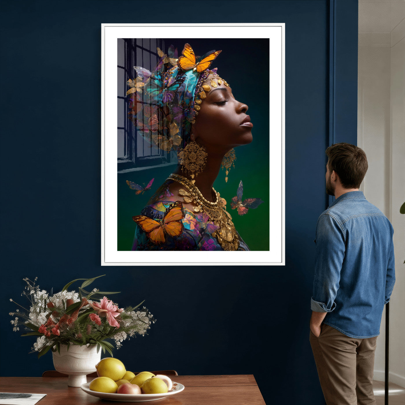 620930SZC0-MGV-CV-24X36 - Butterfly Crown Gold Woman Portrait — Monarch Queen Canvas Print | Teal Dark Fantasy Art | Boho Bedroom Wall Decor | Empowerment Gift Her