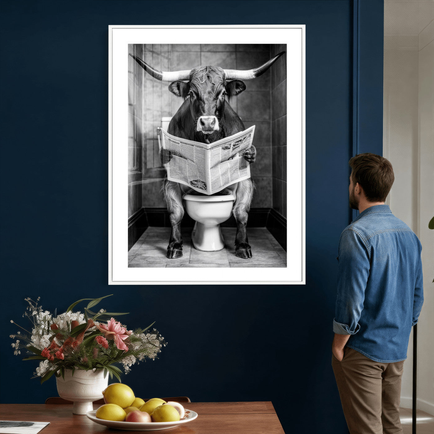 77994492-MGV-CV-24X36 - Texas Longhorn Cow Toilet Paper Canvas Wall Art, Funny Bathroom Black White Print, Cute Animal Humor Decor, Quirky Farmhouse Bathroom Art, Cow Lover Gift