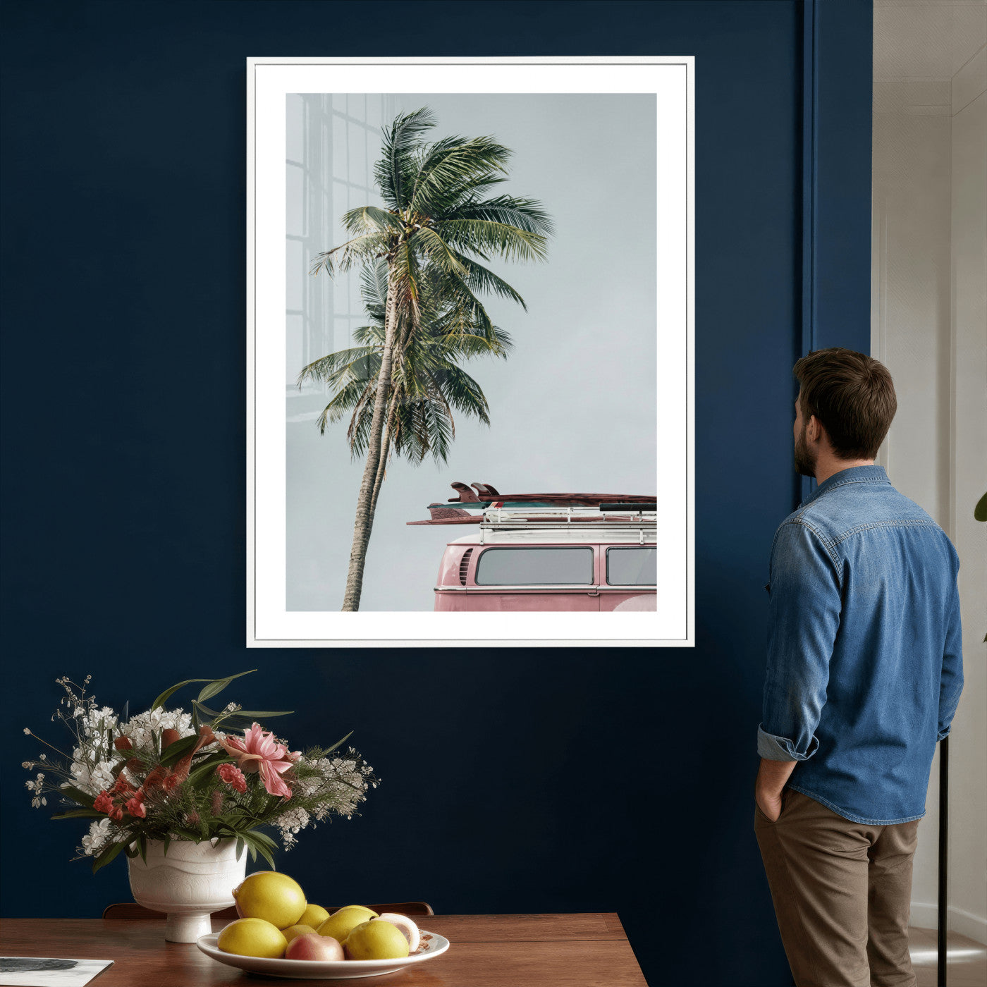73117797-MGV-CV-24X36 - VW Van Palm Tree Canvas Wall Art, Pink Camper Surfboards Beach Print, Retro Surf Photography Decor, Coastal Boho Wall Art, Surfer Gift Idea