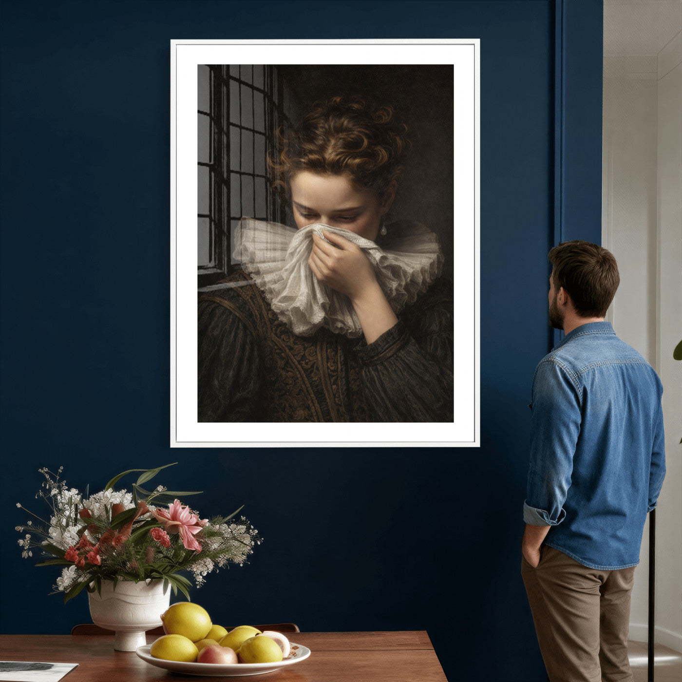 62652430-MGV-CV-24X36 - Baroque Portrait Canvas Wall Art, Flemish Woman with Lace Collar Print for Bathroom Wall Art, Funny Toilet Decor, Renaissance Style Portrait, Moody Vintage Wall Art