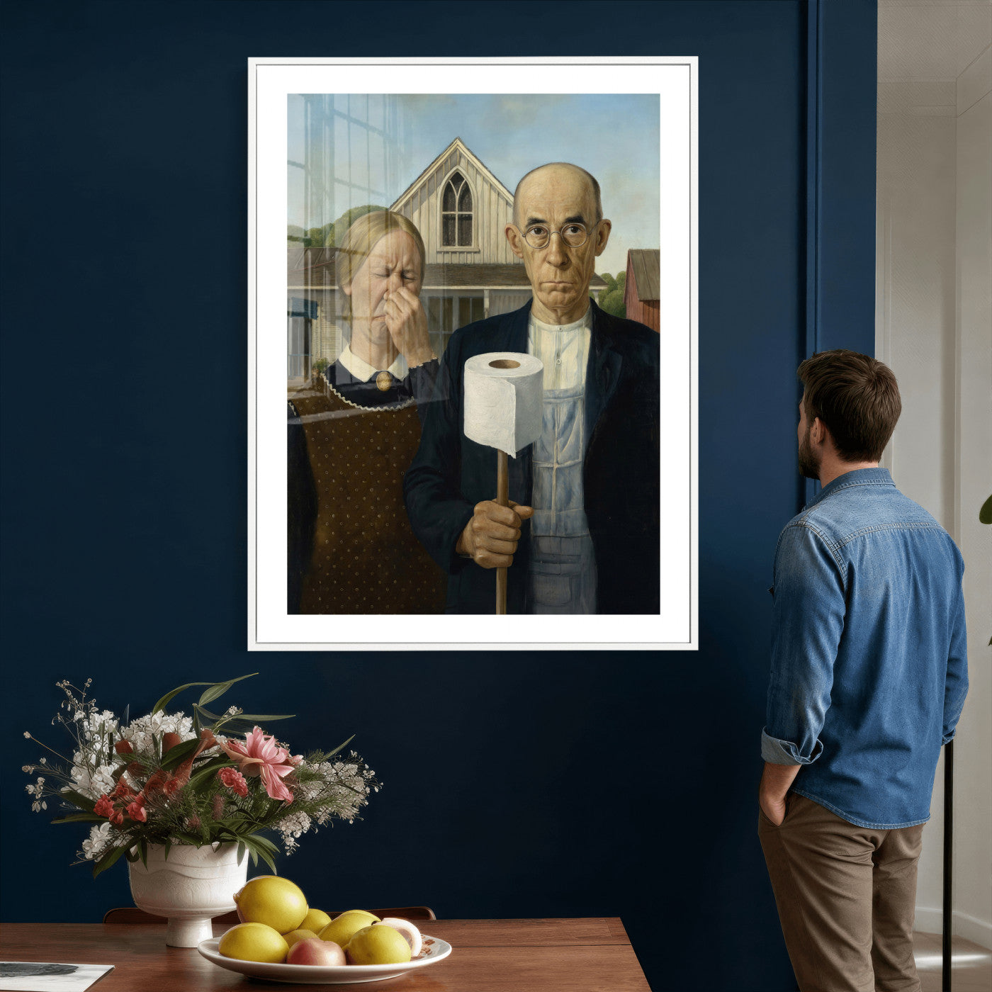 46805085-MGV-CV-24X36 - Funny Bathroom Canvas Wall Art, Grant Wood American Gothic Toilet Paper Parody Print, Humor Bathroom Decor, Classic Art Spoof, Quirky Housewarming Gift