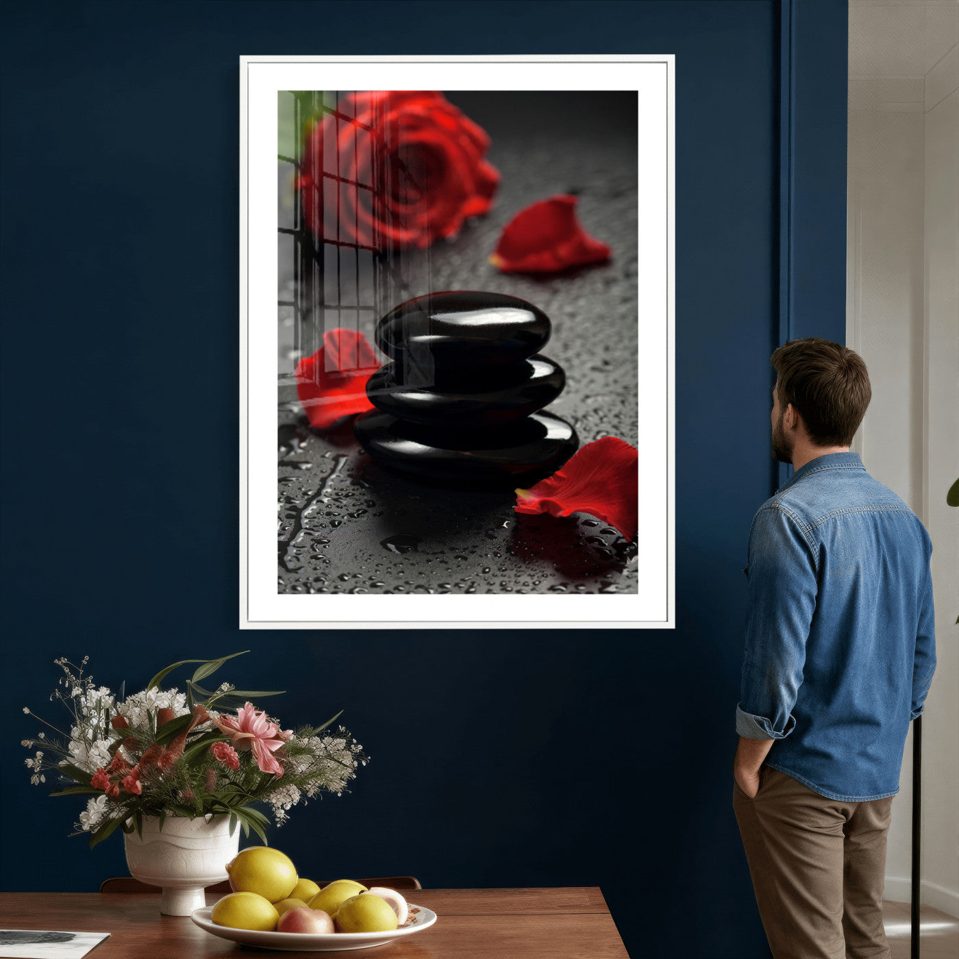 37334763-MGV-CV-24X36 - Black Lava Stone Rose Canvas | Red Rose Spa Photography Print | Stacked Stones Dark Luxury Wall Art | Dramatic Bathroom Decor