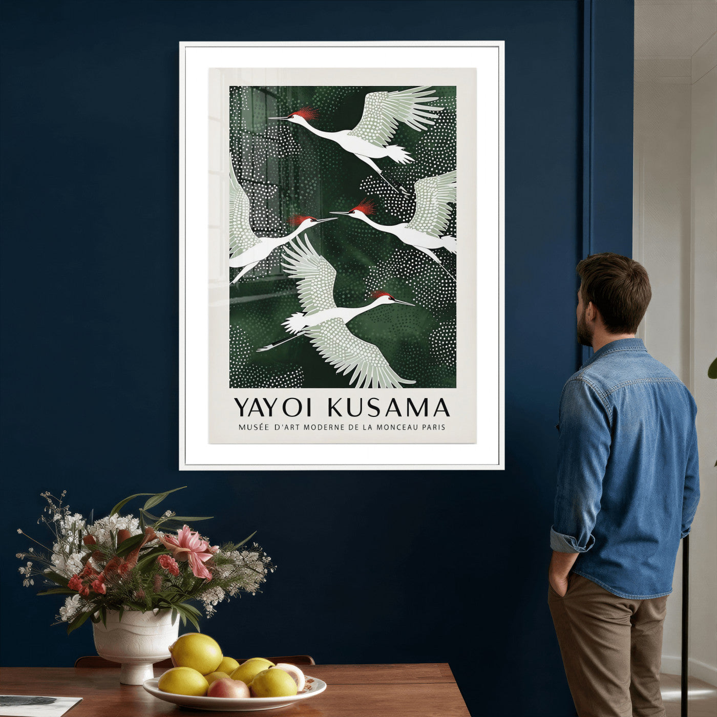 63036906-MGV-CV-24X36 - Yayoi Kusama Crane Bird Wall Art Canvas Print, Japanese Inspired Flying Heron Framed Artwork, Green Botanical Nature Decor for Living Room Bedroom Office