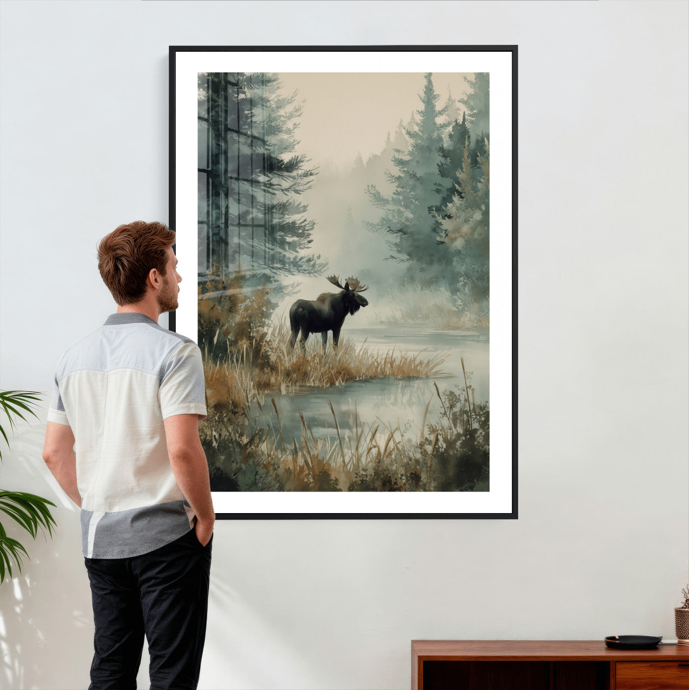 78345154-MGV-CV-24X36 - Watercolor Abstract Moose Forest Wall Art Canvas Print – Wildlife Nature Artwork Print for Living Room, Cabin, and Office Decor