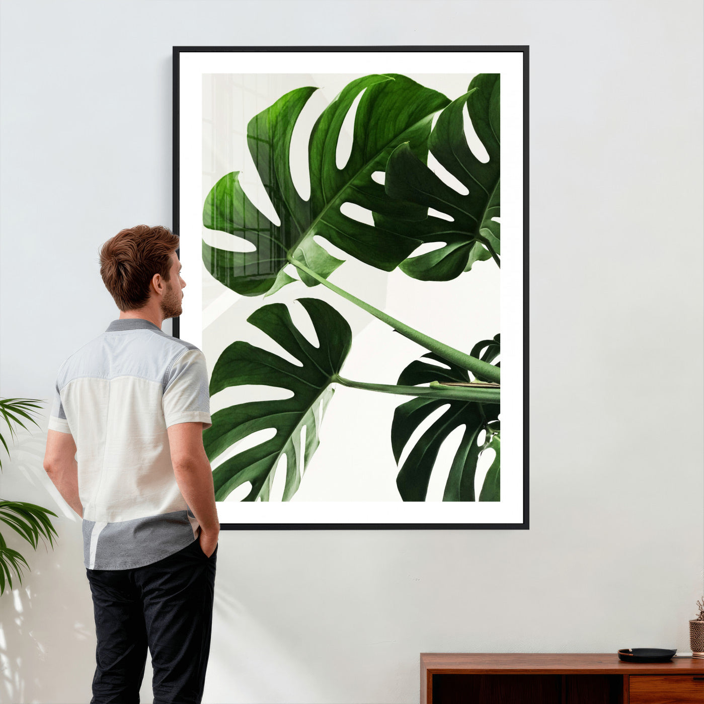 62365202-MGV-CV-24X36 - Green Monstera Leaf Wall Art Canvas Print, Tropical Botanical Wall Decor, Modern Minimal Plant Art, Framed Canvas Wall Art Ready to Hang